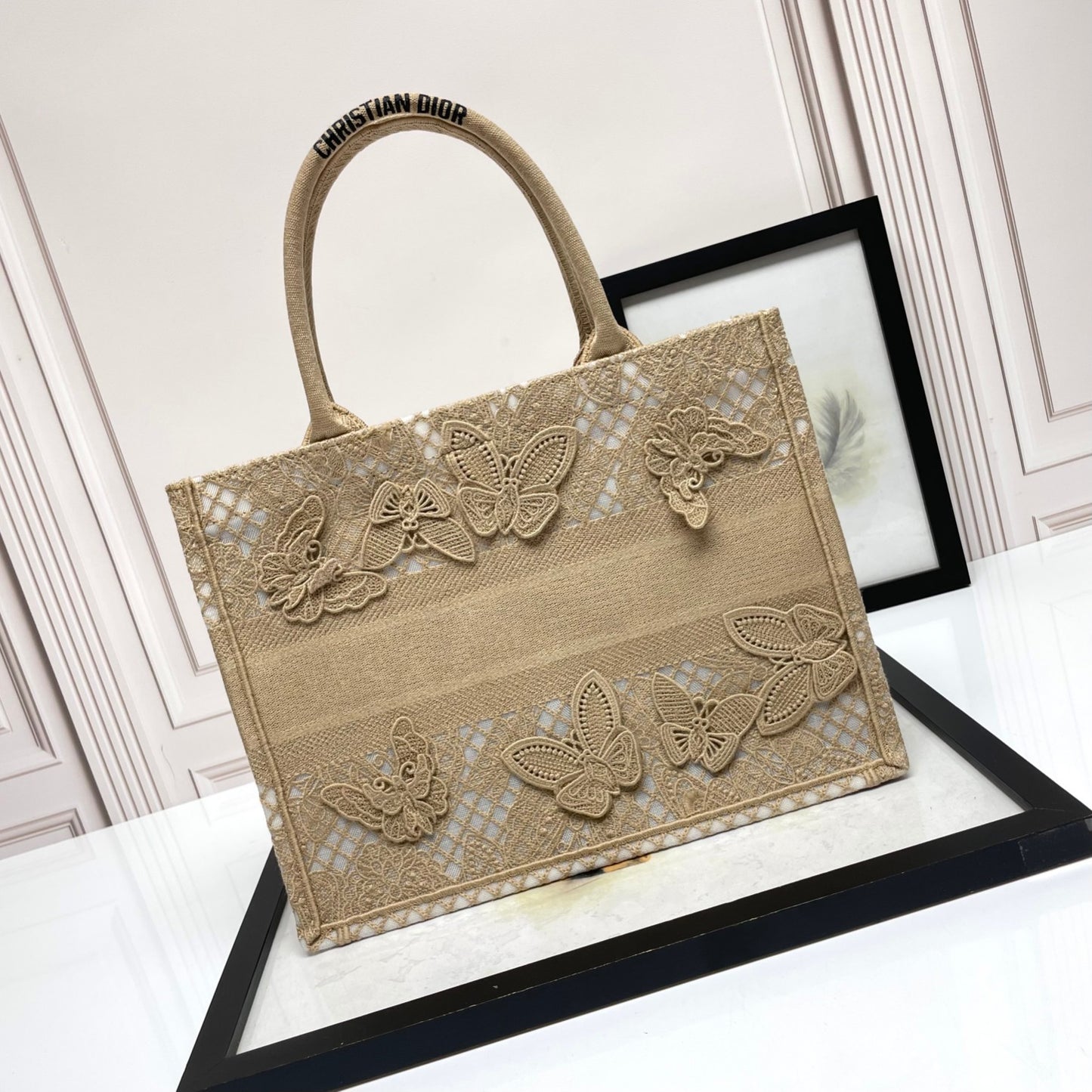 Dior Elegant Beige Woven Canvas Tote Bag with Butterfly Embroidery