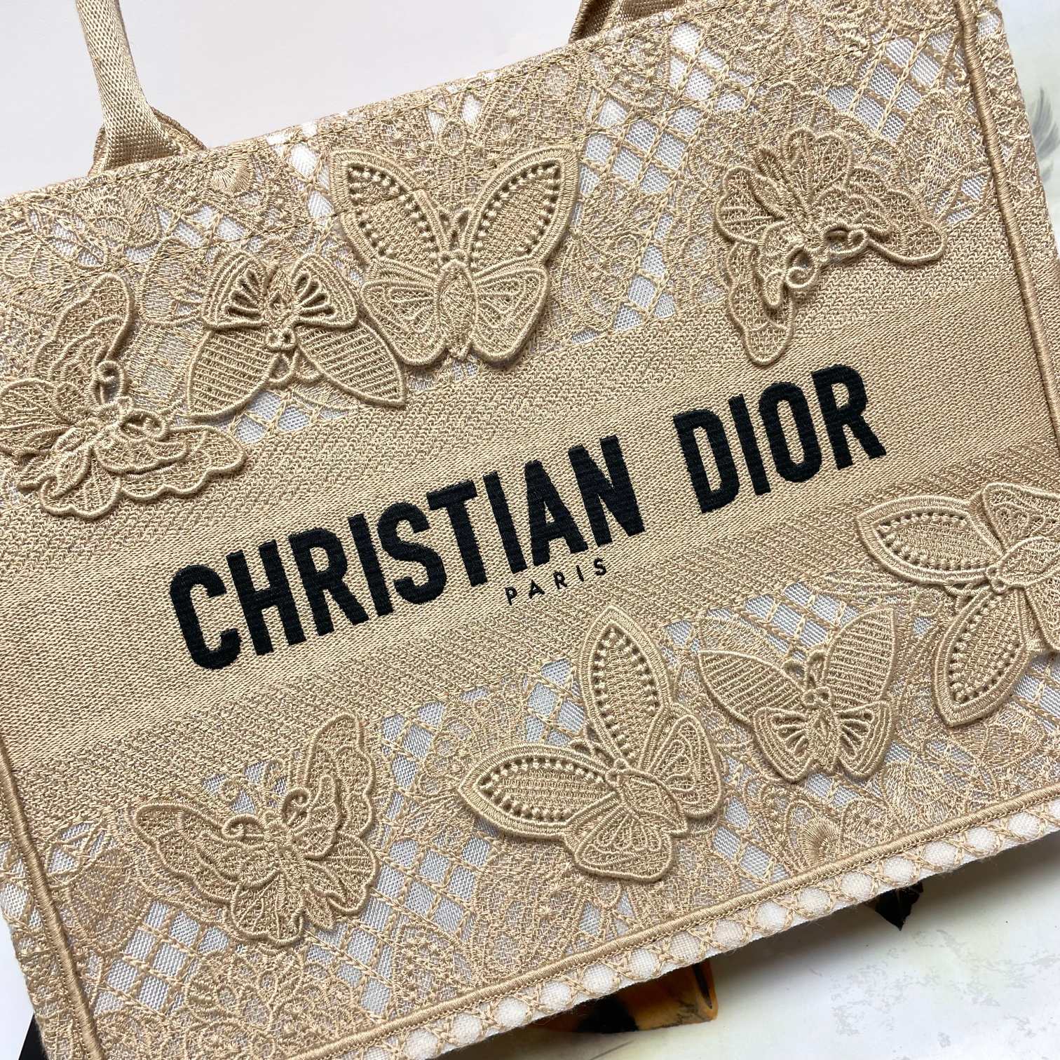 Dior Elegant Beige Woven Canvas Tote Bag with Butterfly Embroidery