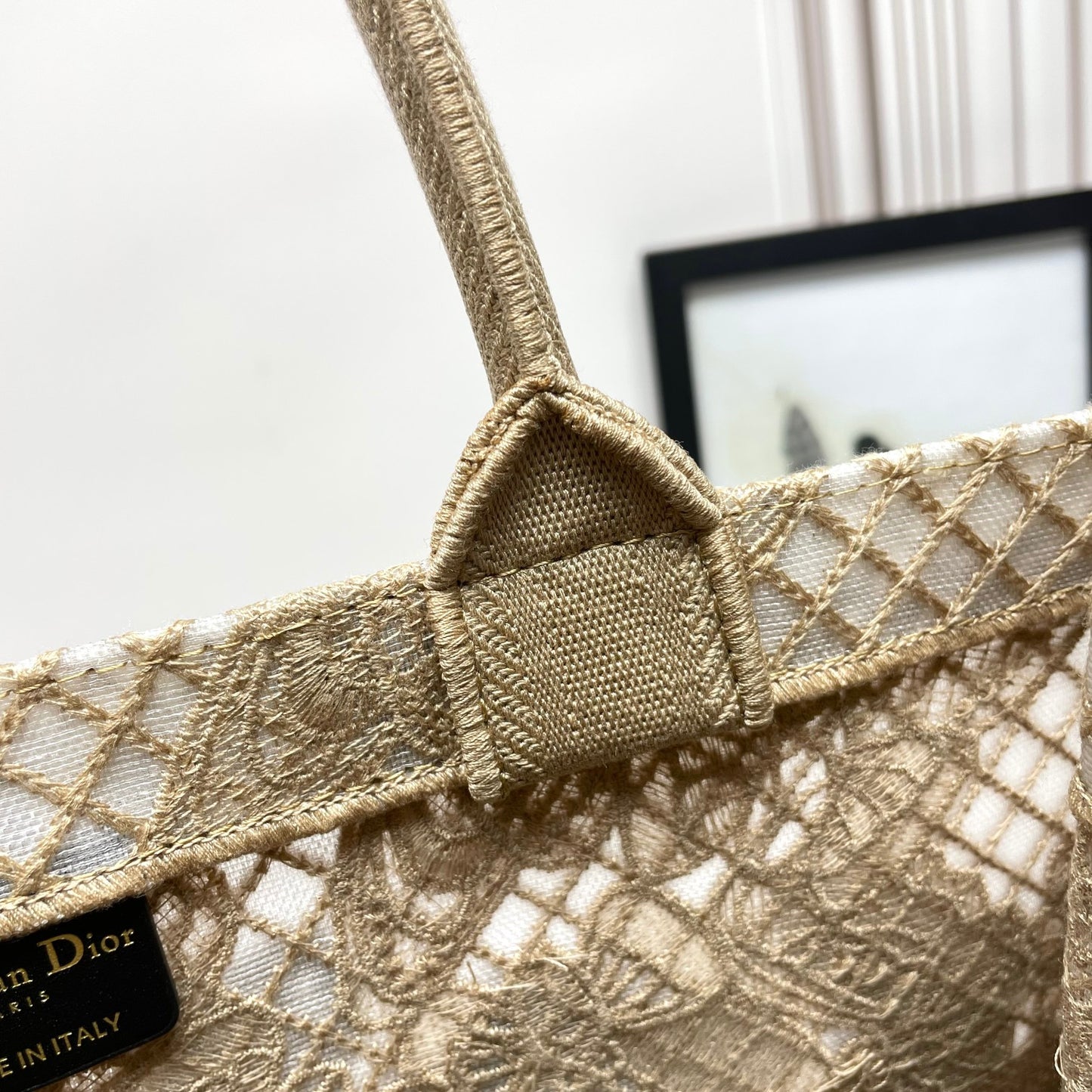 Dior Elegant Beige Woven Canvas Tote Bag with Butterfly Embroidery