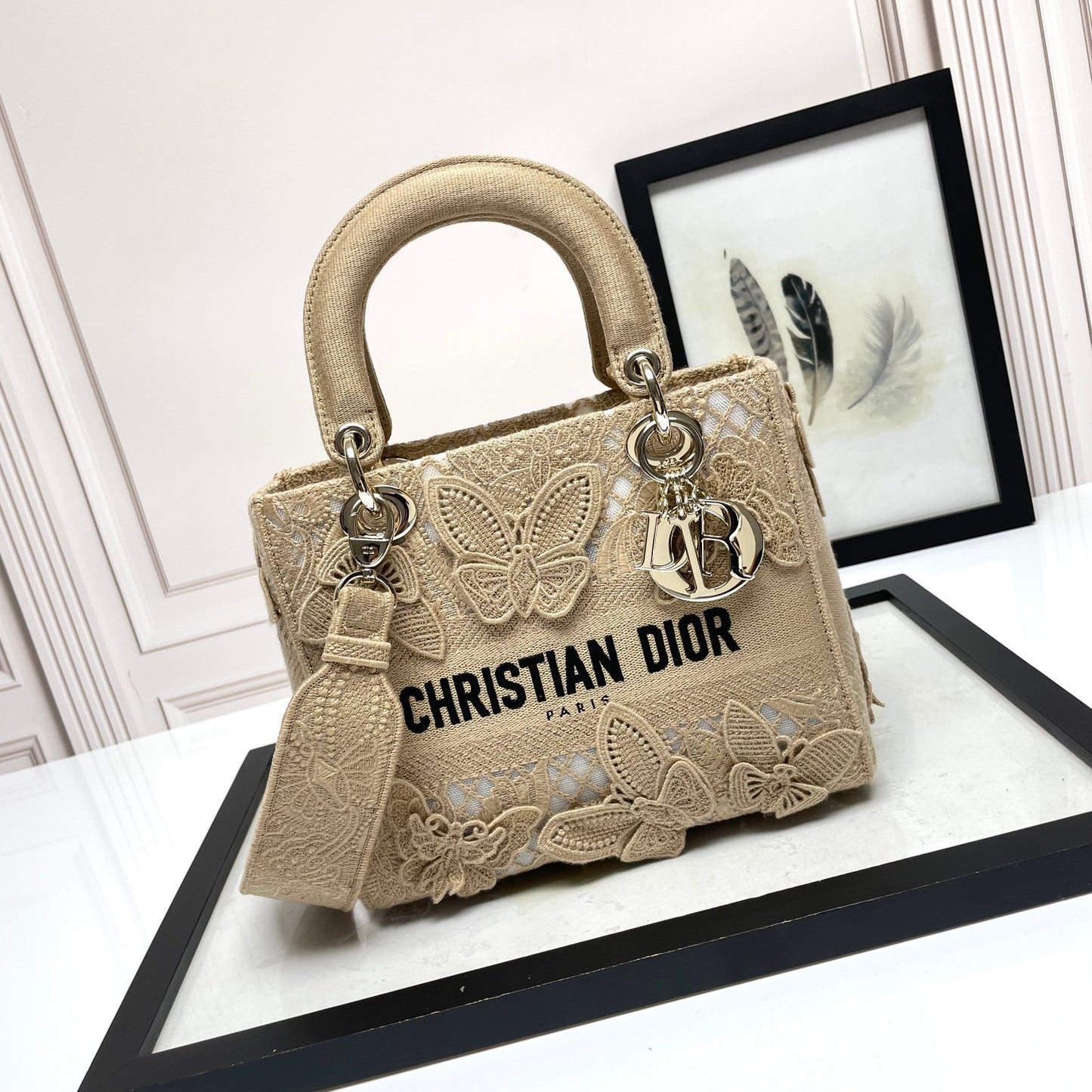 Dior Luxury Beige Butterfly Embroidered Canvas Top Handle Handbag