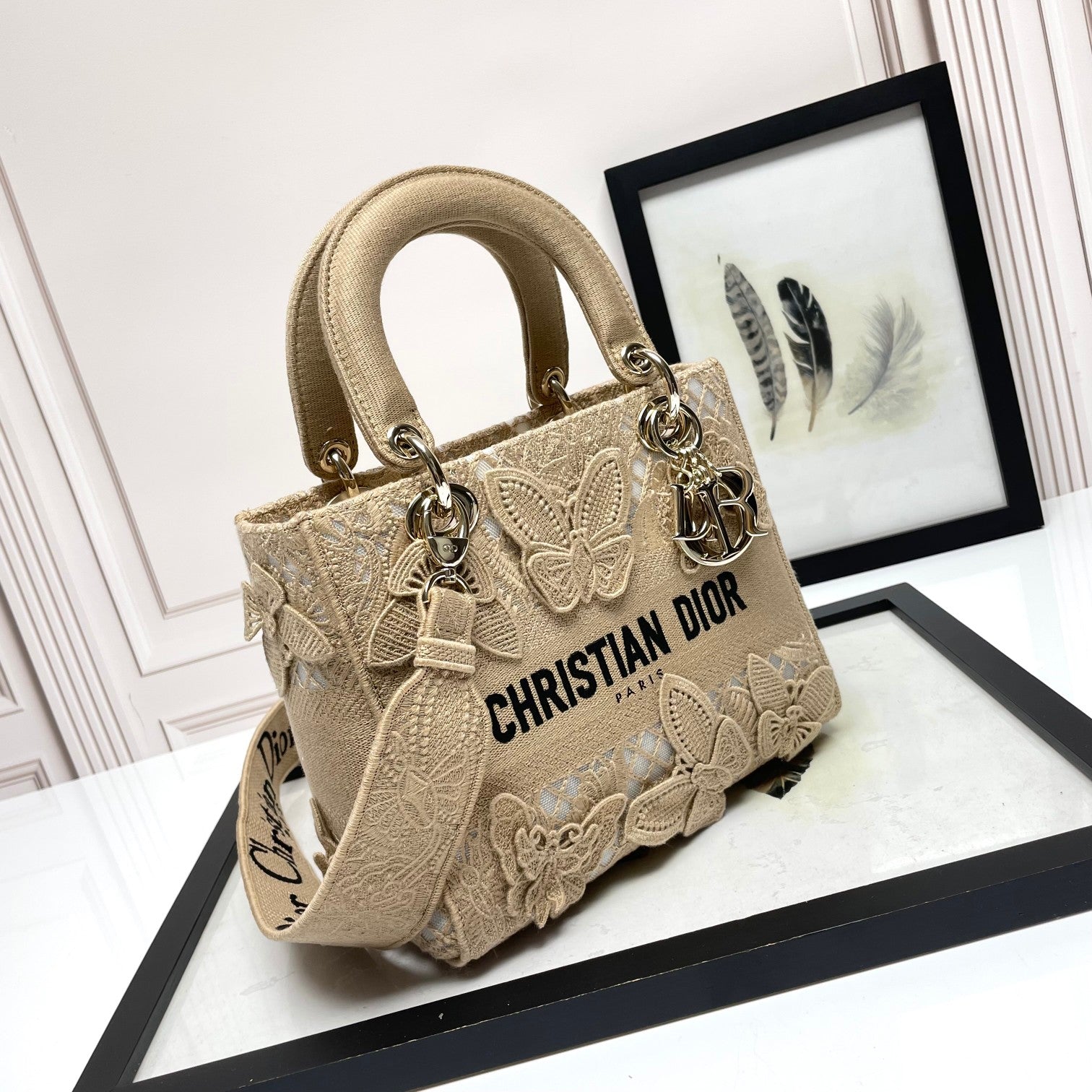 Dior Elegant Beige Lace Butterfly Embroidered Top Handle Handbag
