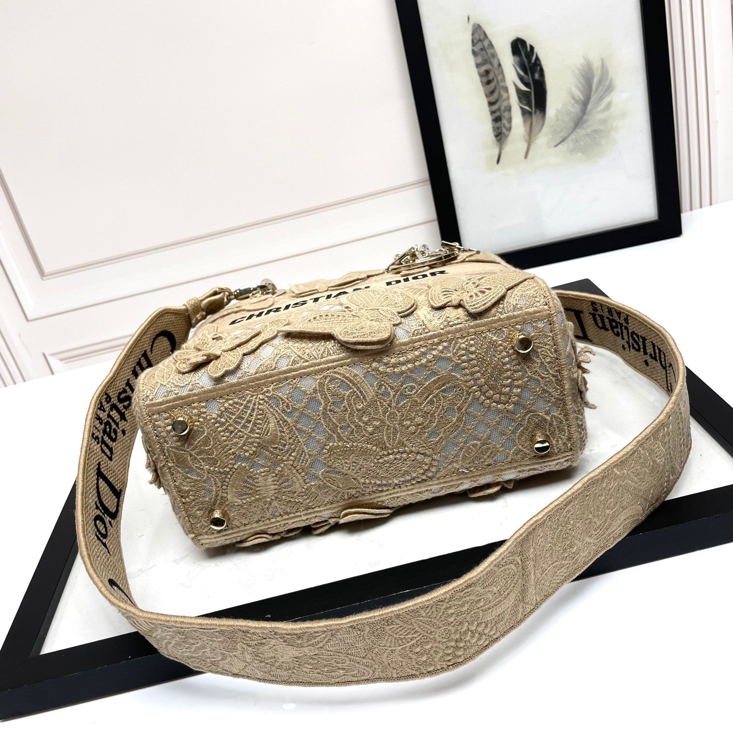 Dior Elegant Beige Butterfly Embroidered Lace Top Handle Bag