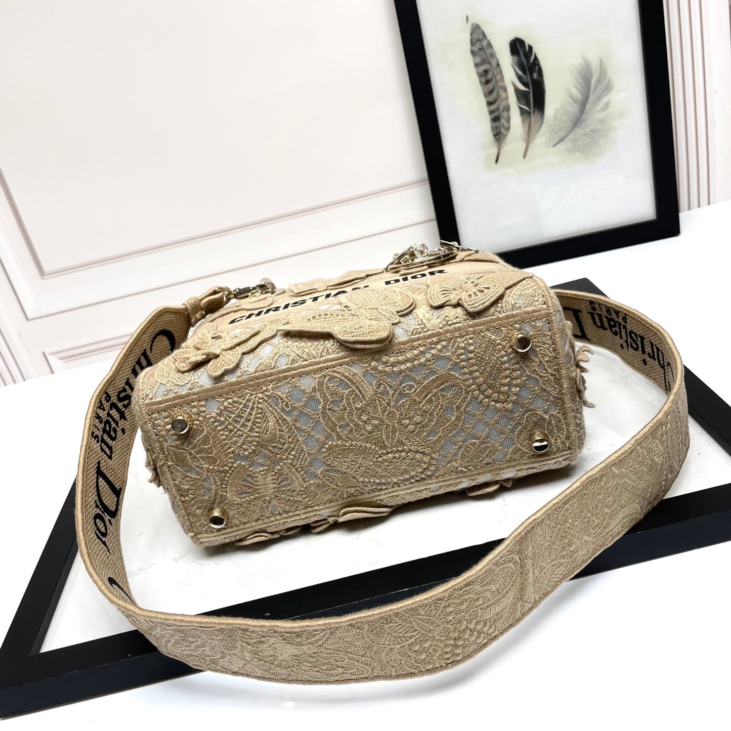 Dior Elegant Beige Lace Butterfly Embroidered Top Handle Handbag