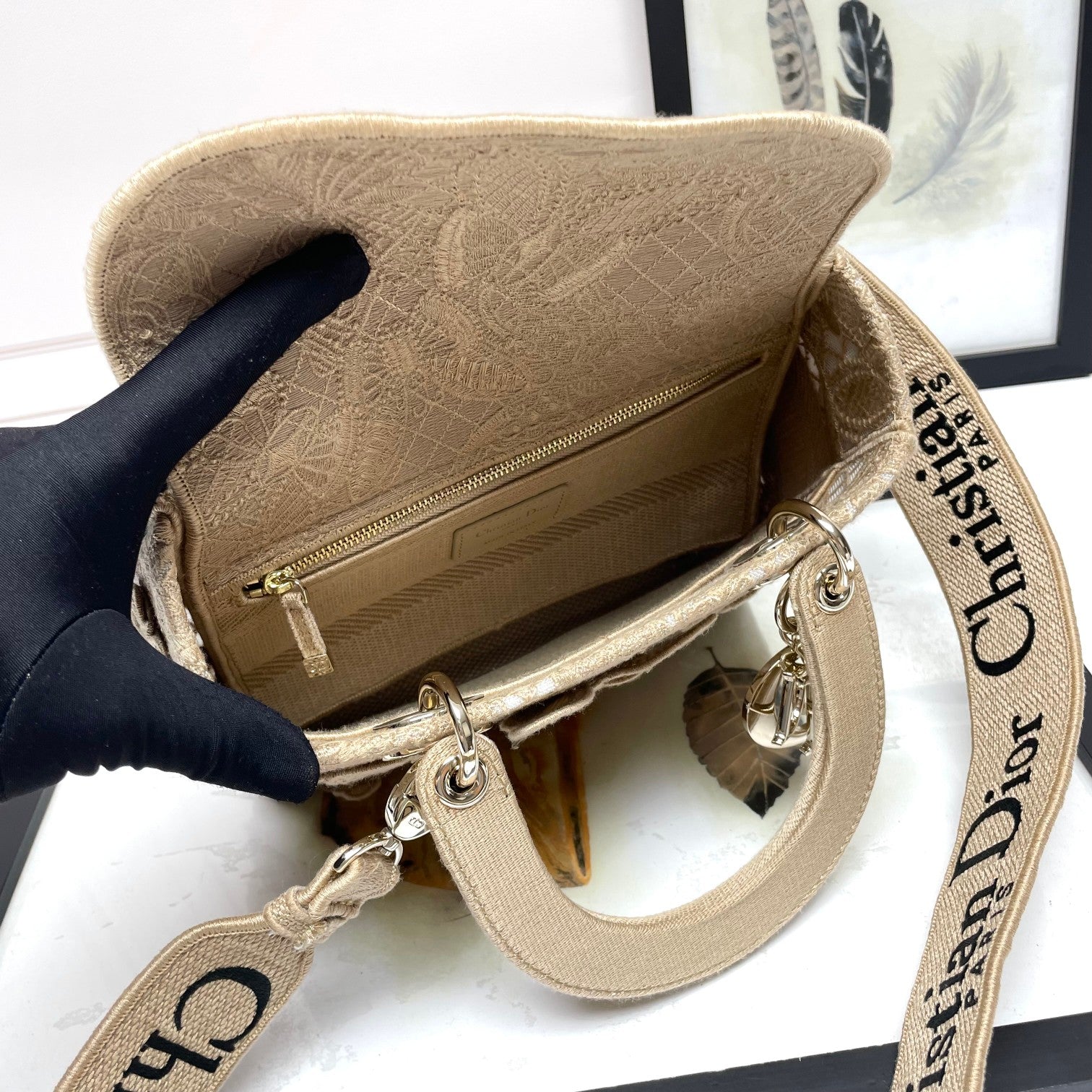 Dior Elegant Beige Butterfly Embroidered Lace Top Handle Bag