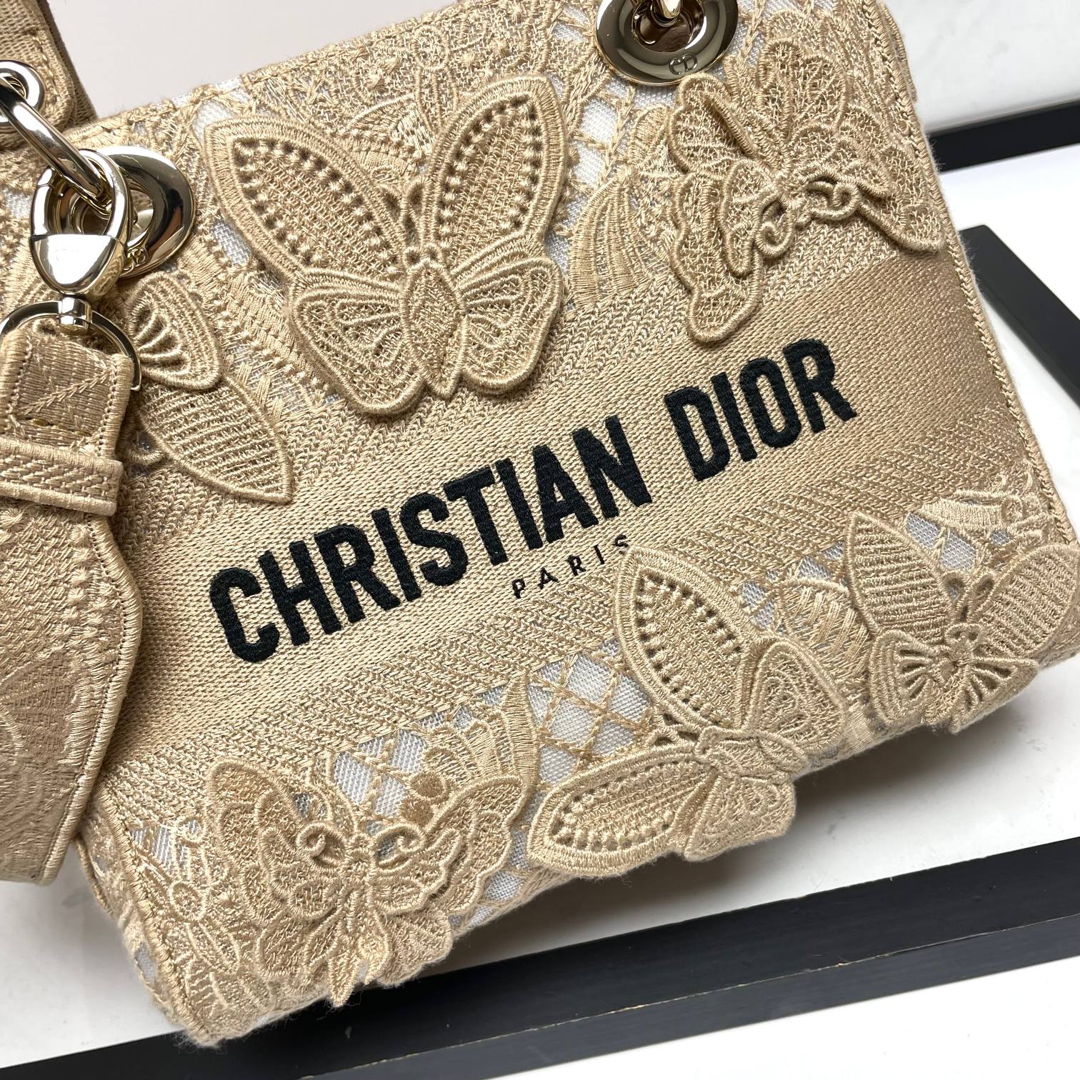 Dior Elegant Beige Butterfly Embroidered Lace Top Handle Bag