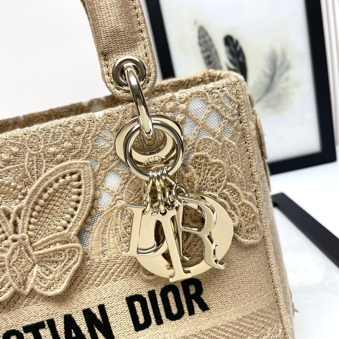Dior Luxury Beige Butterfly Embroidered Canvas Top Handle Handbag