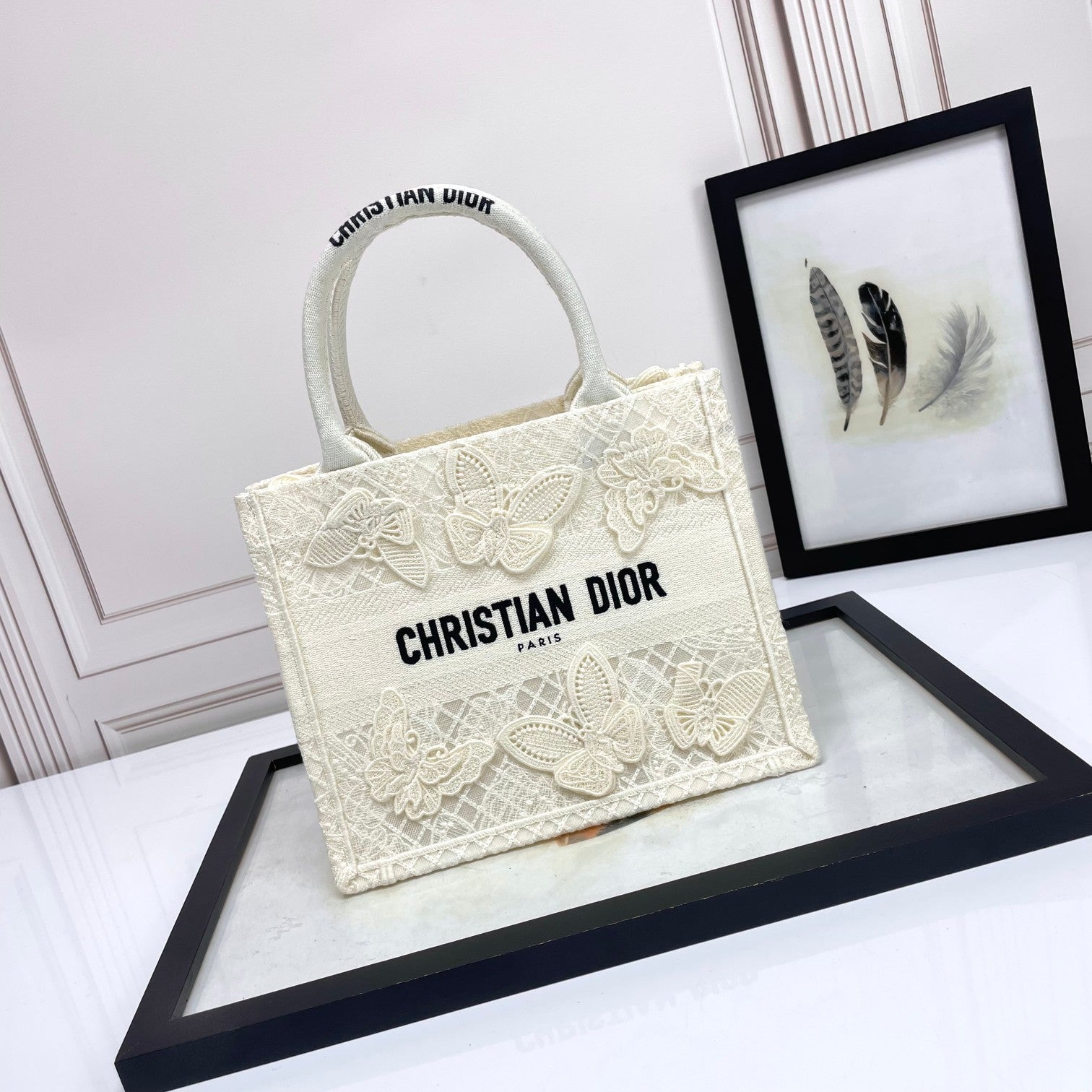 Dior Cream Butterfly Lace Embroidery Top Handle Canvas Tote Handbag