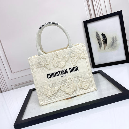 Christian Dior White Canvas Book Tote Bag with 3D Butterfly Embroidery