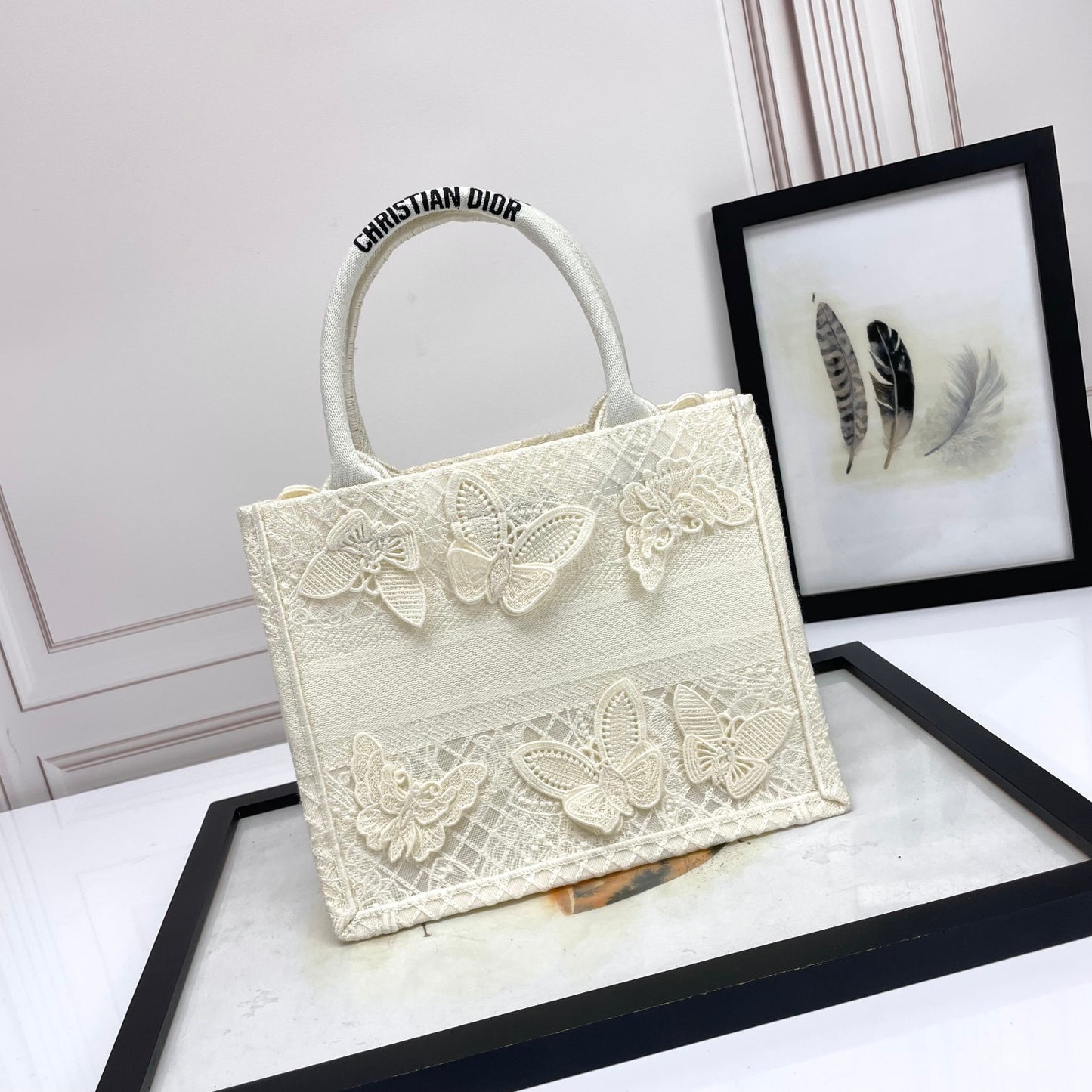 Dior Cream Butterfly Lace Embroidery Top Handle Canvas Tote Handbag