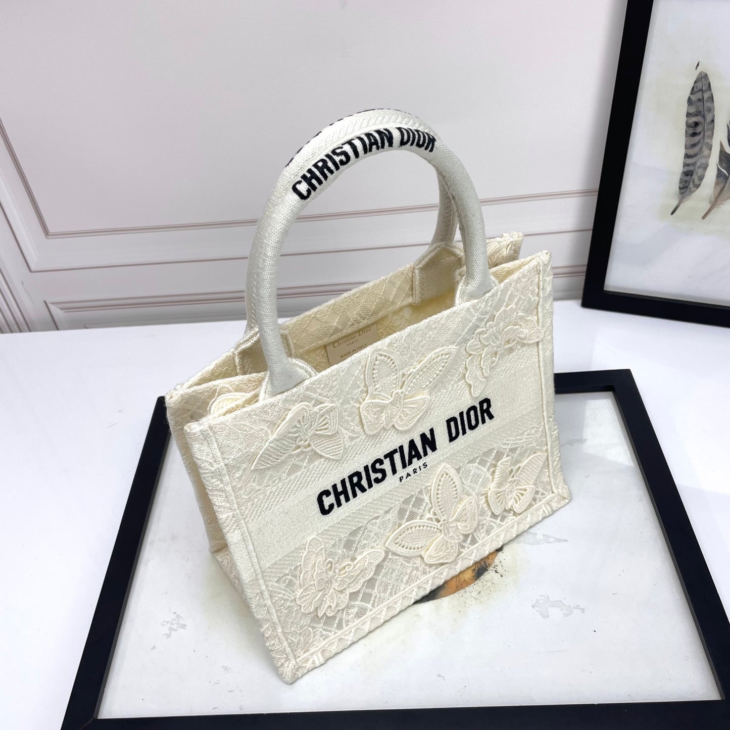 Dior Cream Butterfly Lace Embroidery Top Handle Canvas Tote Handbag