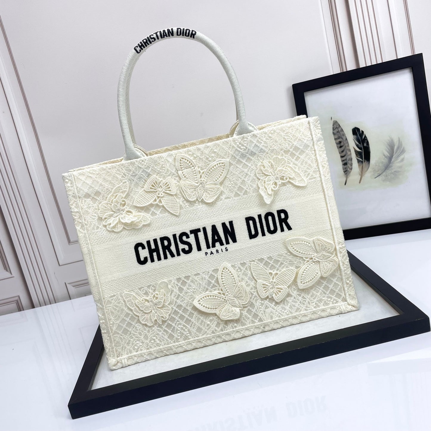 Dior Elegant White Butterfly Embroidered Canvas Tote Bag Handbag