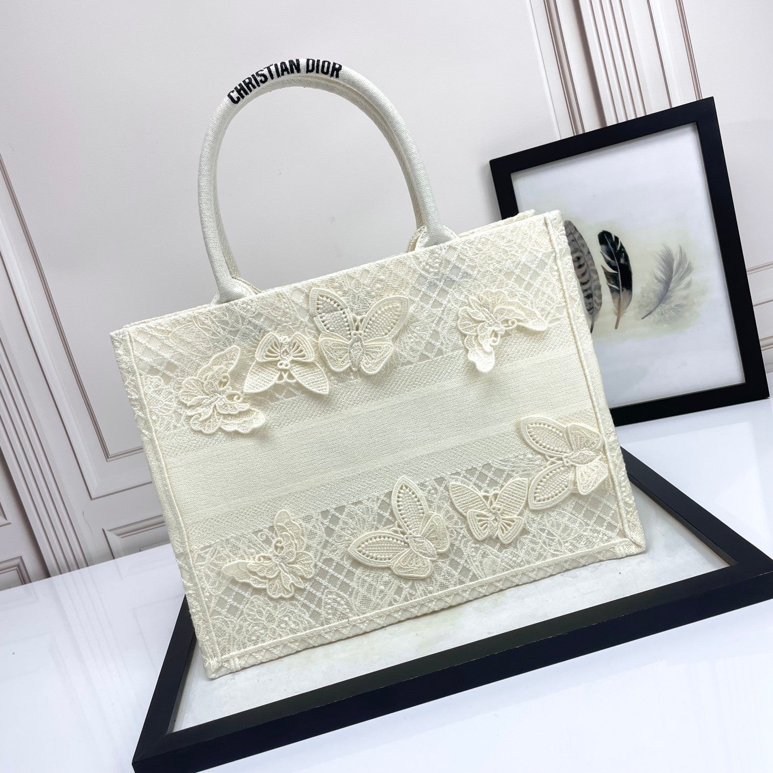 Dior White Butterfly Embroidery Canvas Tote Bag with Top Handles