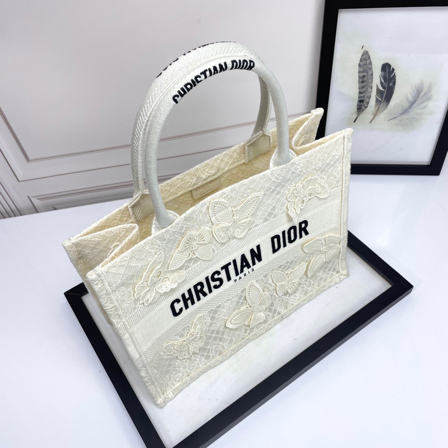 Christian Dior Medium Book Tote - White Butterfly Embroidery Canvas Bag