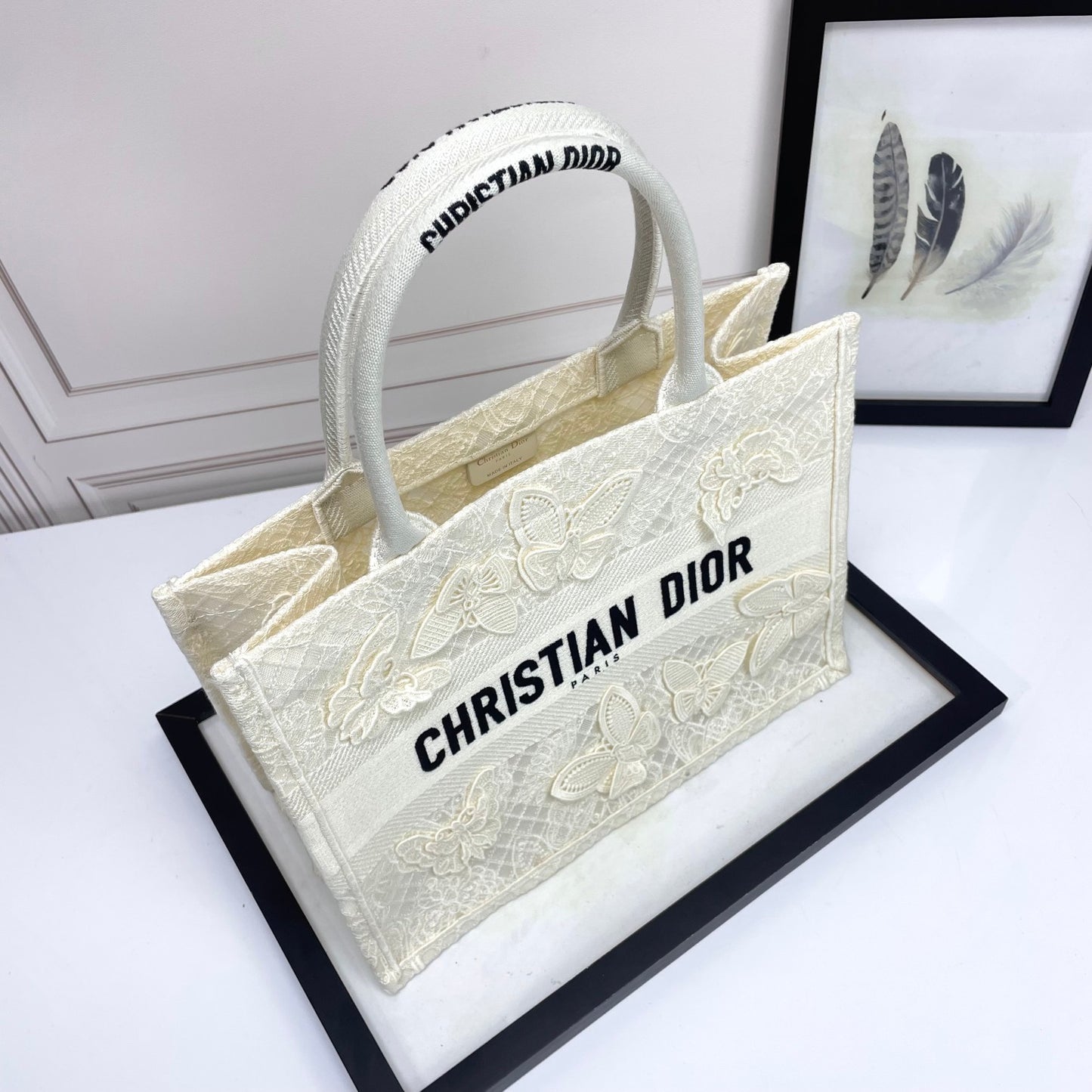 Dior Elegant White Butterfly Embroidered Canvas Tote Bag Handbag