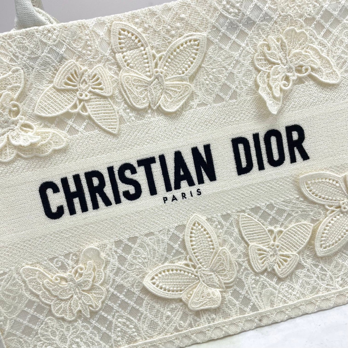 Dior Elegant White Butterfly Embroidered Canvas Tote Bag Handbag