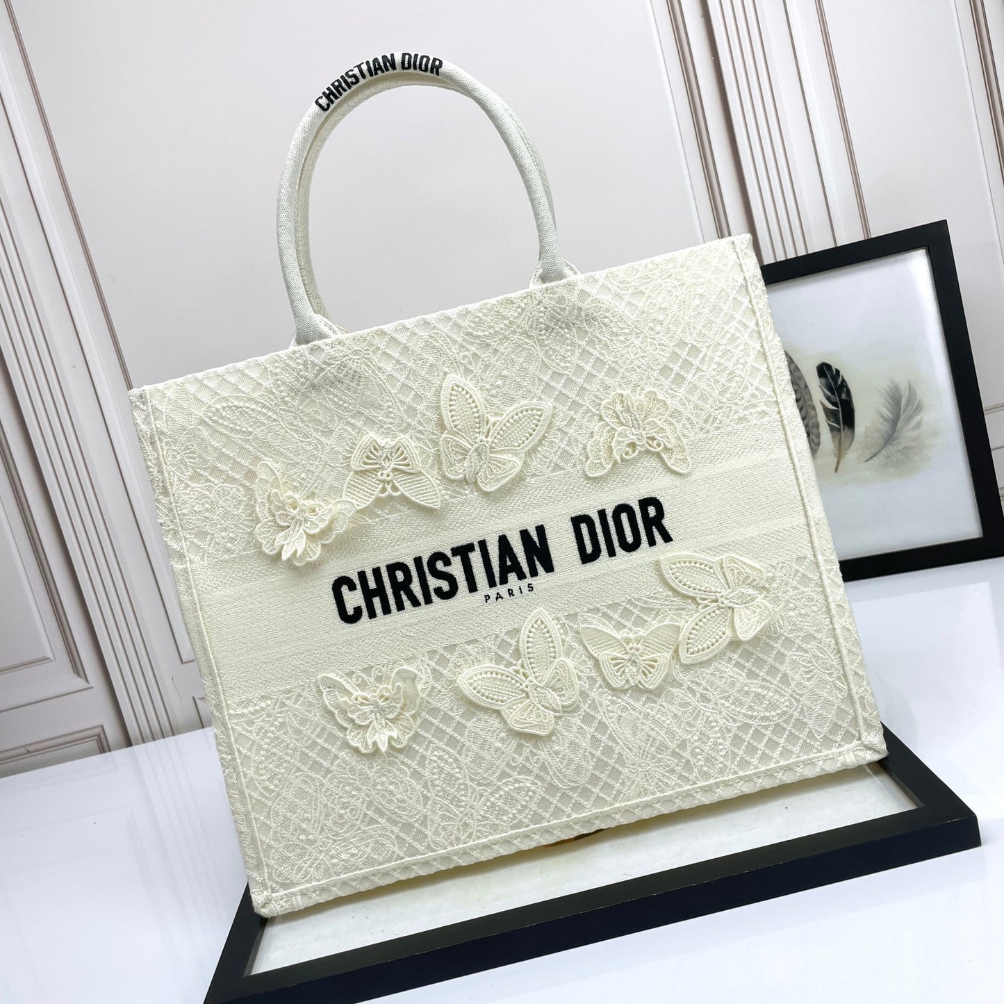 Dior Elegant Off-White Canvas Tote Bag with Butterfly Embroidery