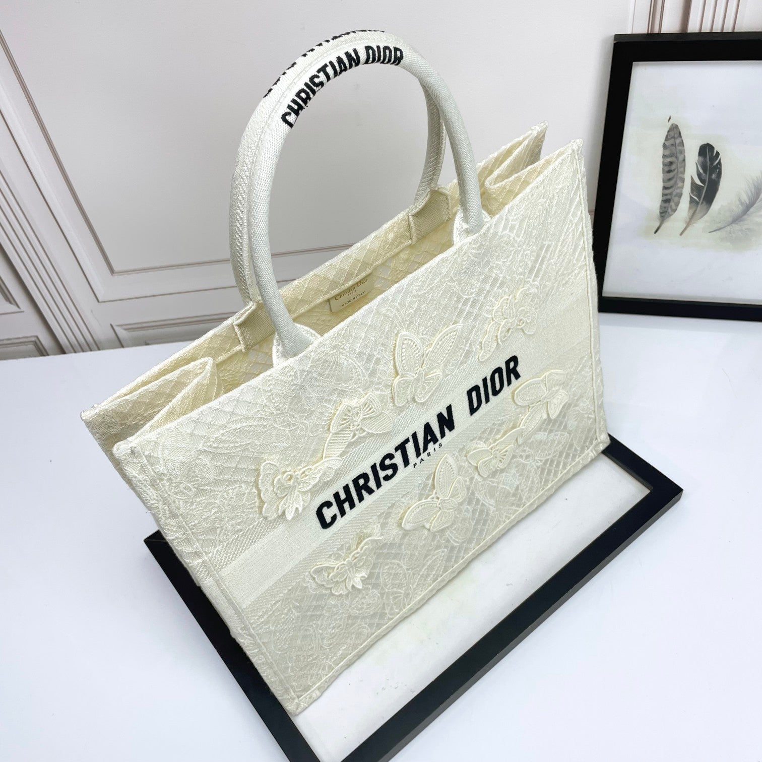 Dior Elegant Off-White Canvas Tote Bag with Butterfly Embroidery