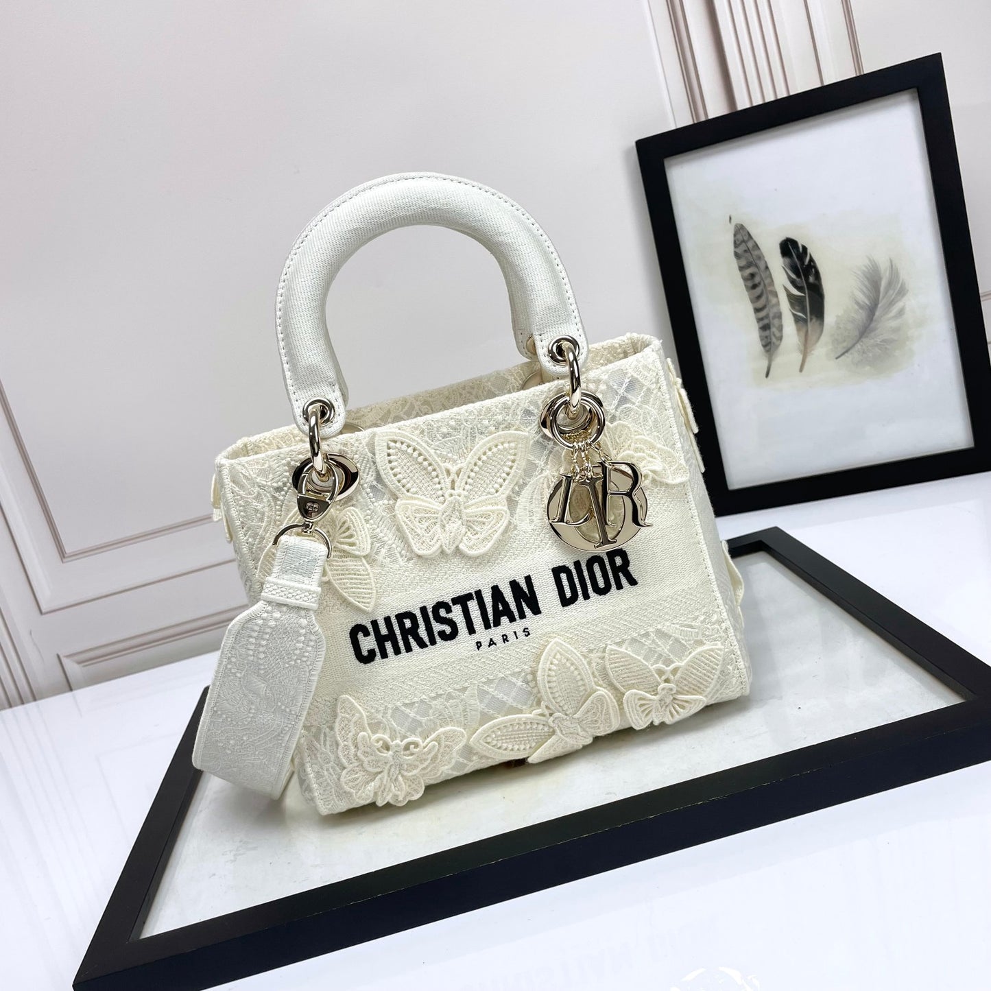 Dior Elegant White Butterfly Embroidered Top Handle Handbag