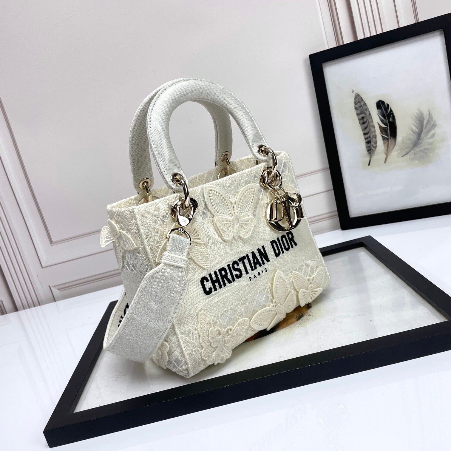 Dior Elegant White Butterfly Embroidered Top Handle Handbag