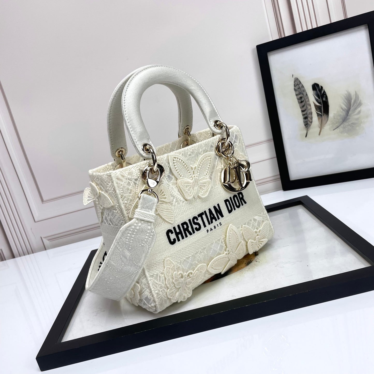 Christian Dior Lady D-Lite Bag White Butterfly Embroidery