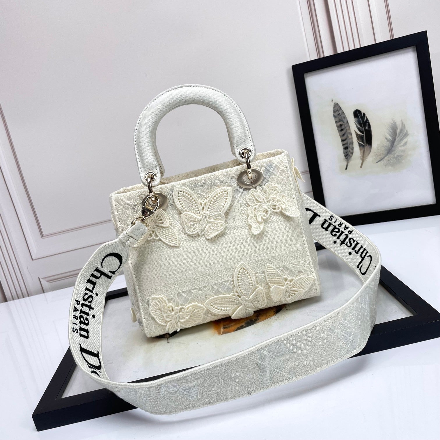 Christian Dior Lady D-Lite Bag White Butterfly Embroidery