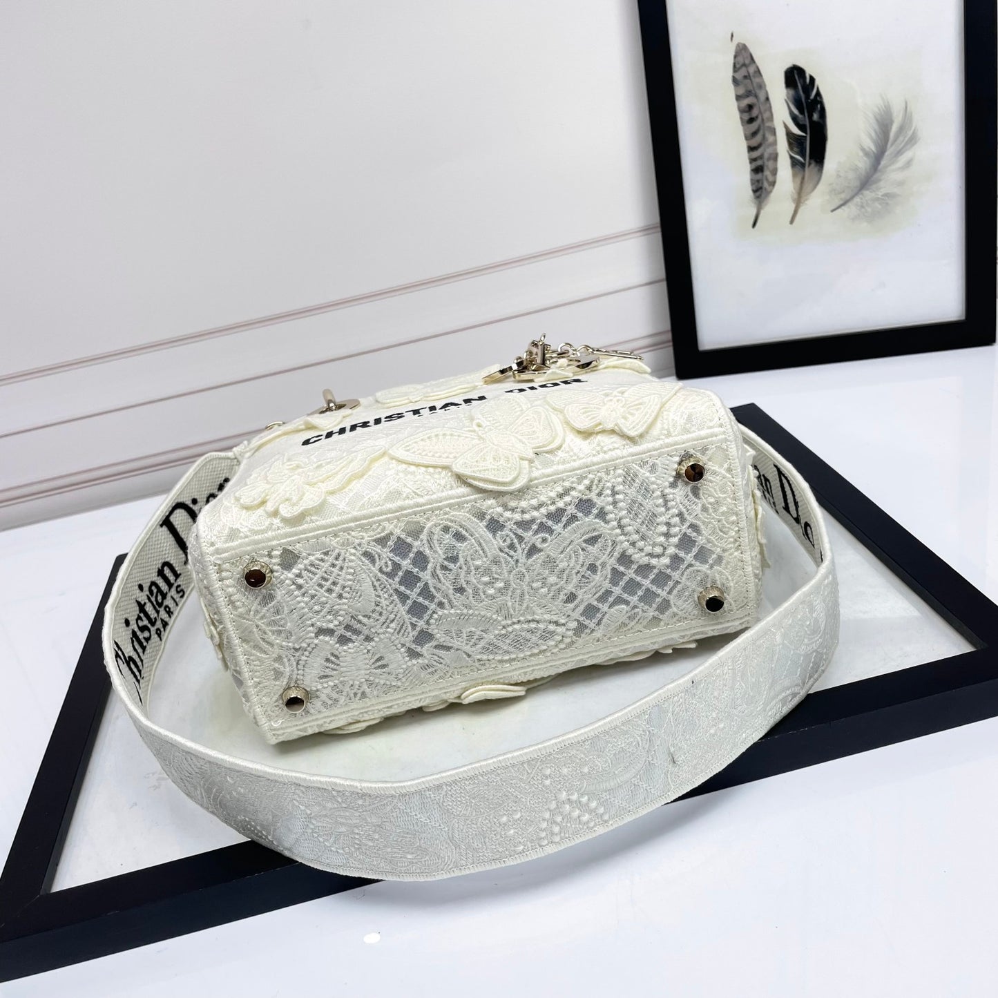 Dior Off-White Embroidered Butterfly Top Handle Handbag with Strap