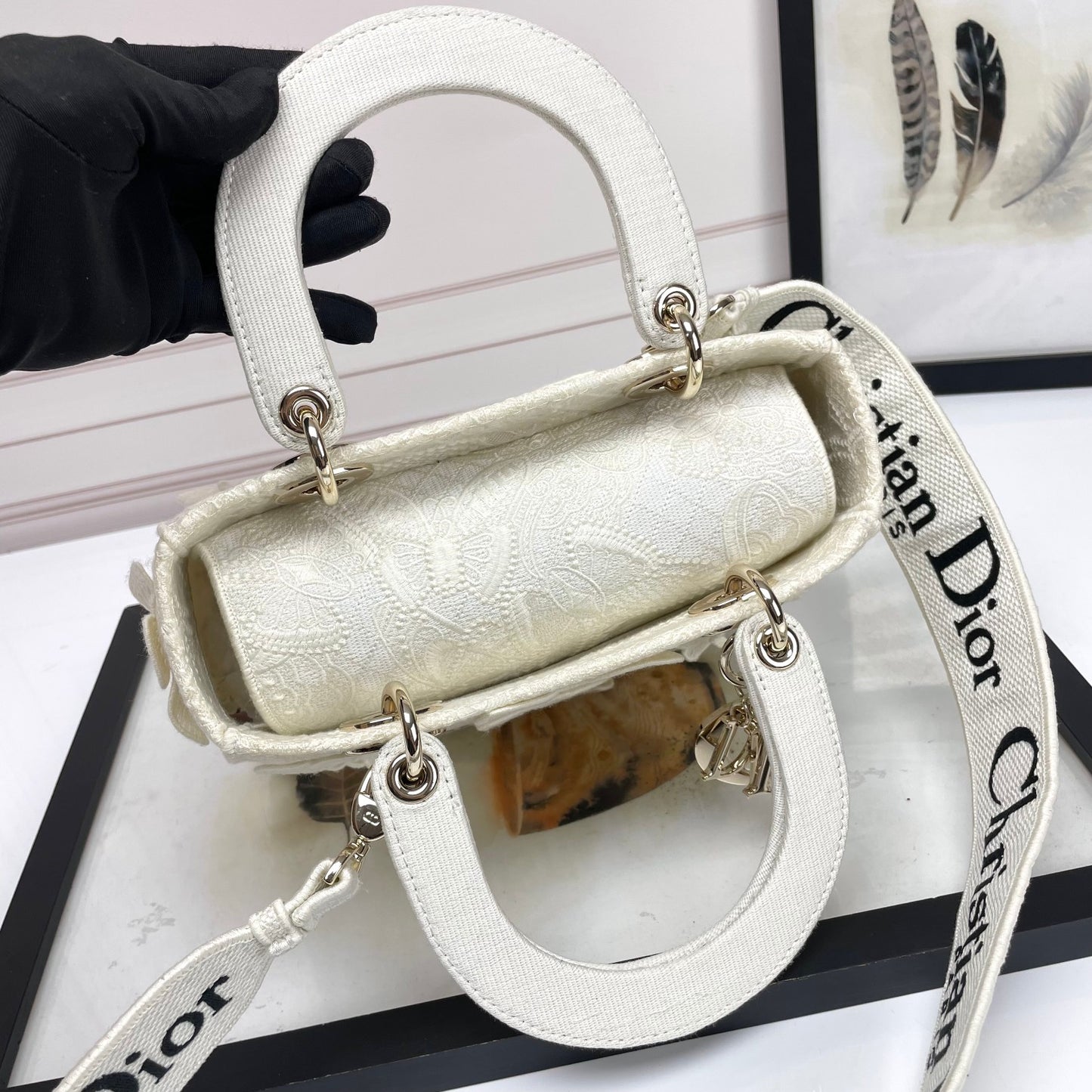 Dior Off-White Embroidered Butterfly Top Handle Handbag with Strap