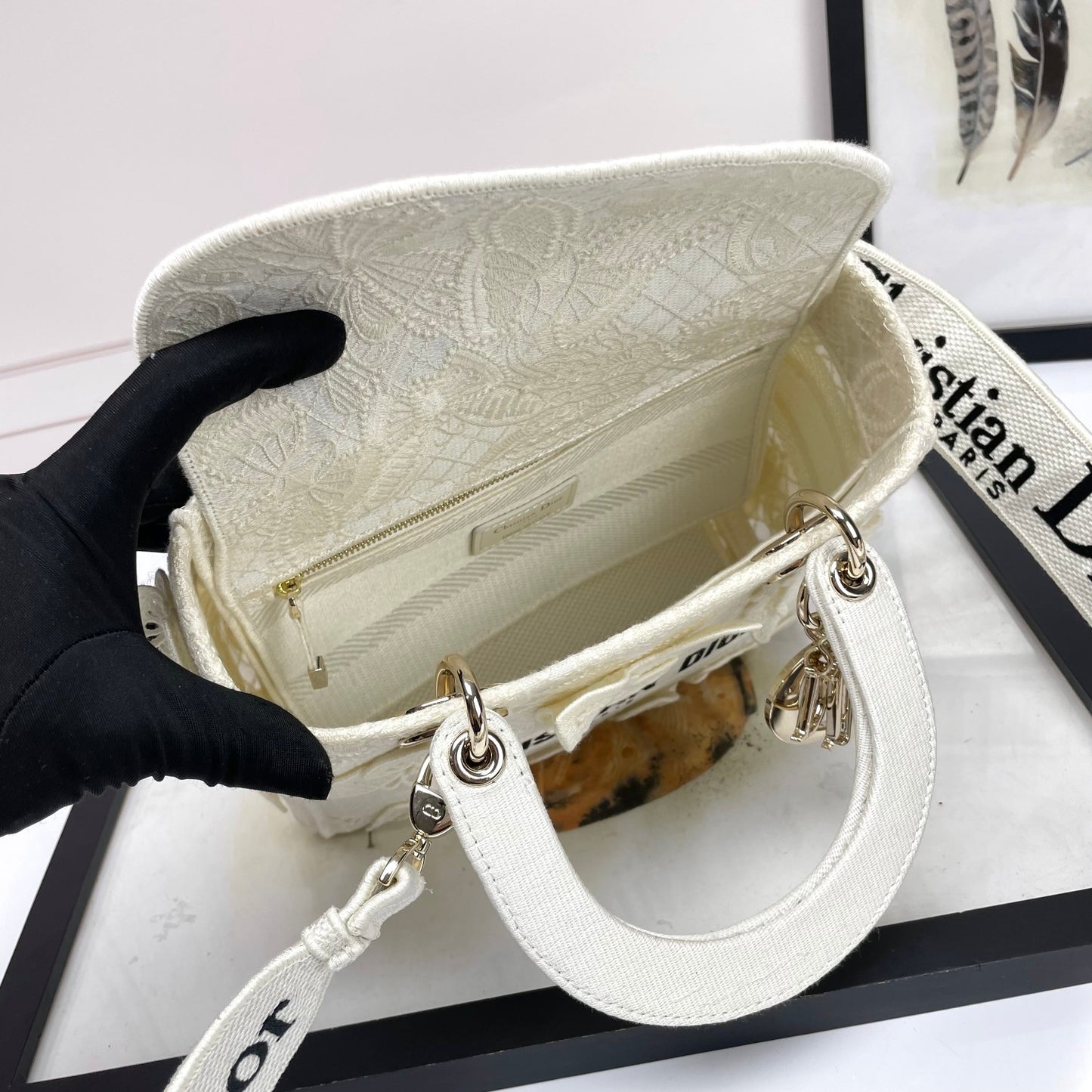 Dior Elegant White Butterfly Embroidered Top Handle Handbag
