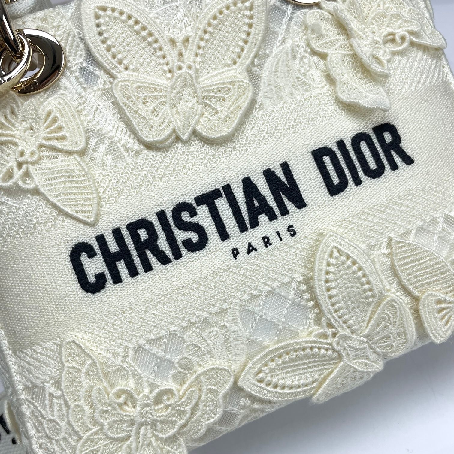 Dior Elegant White Butterfly Embroidered Top Handle Handbag