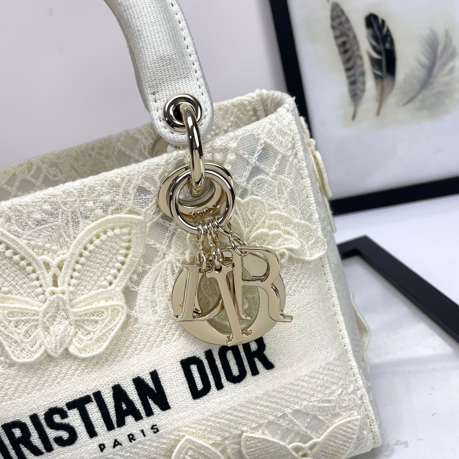 Dior Off-White Embroidered Butterfly Top Handle Handbag with Strap