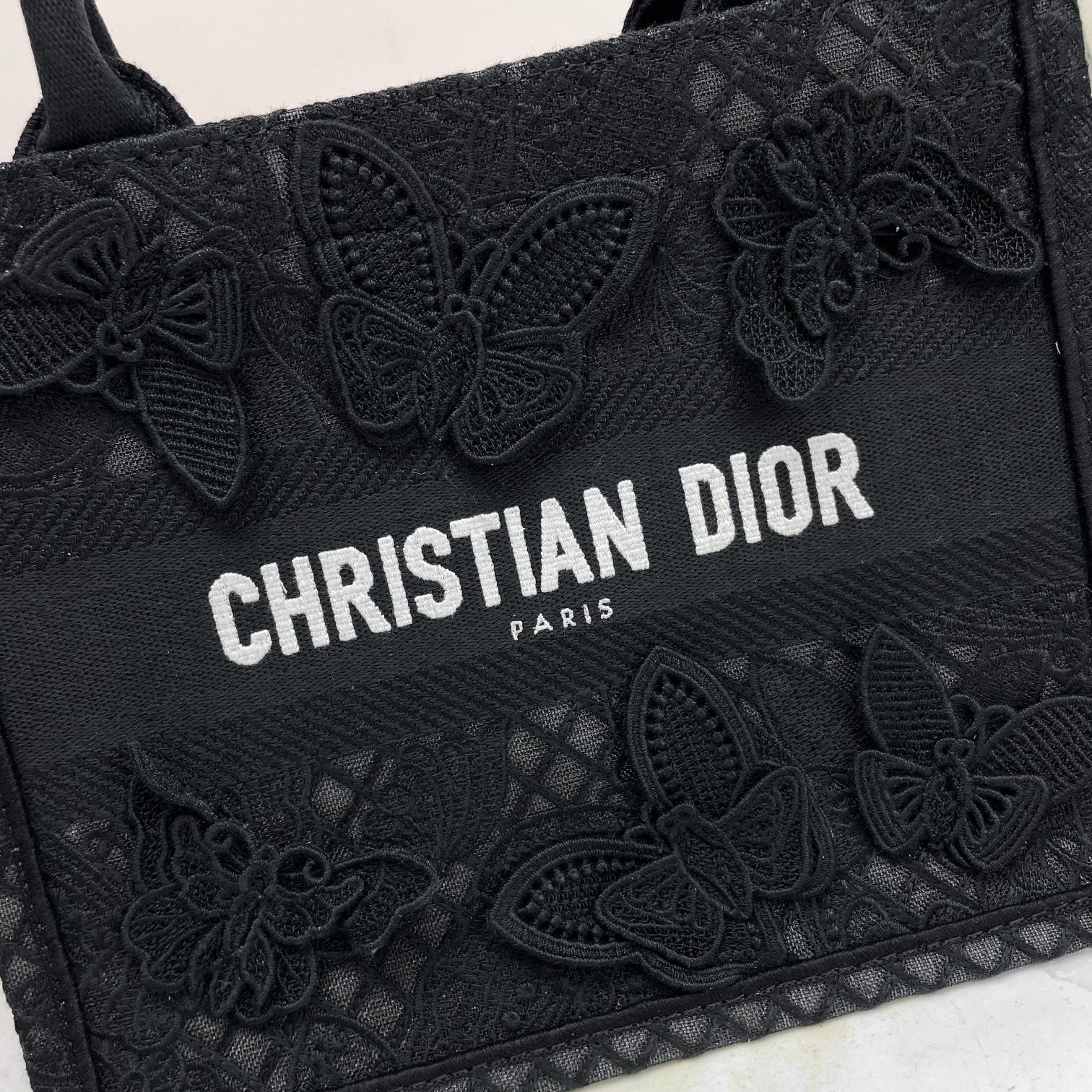 Dior Elegant Black Embroidered Butterfly Canvas Tote Handbag