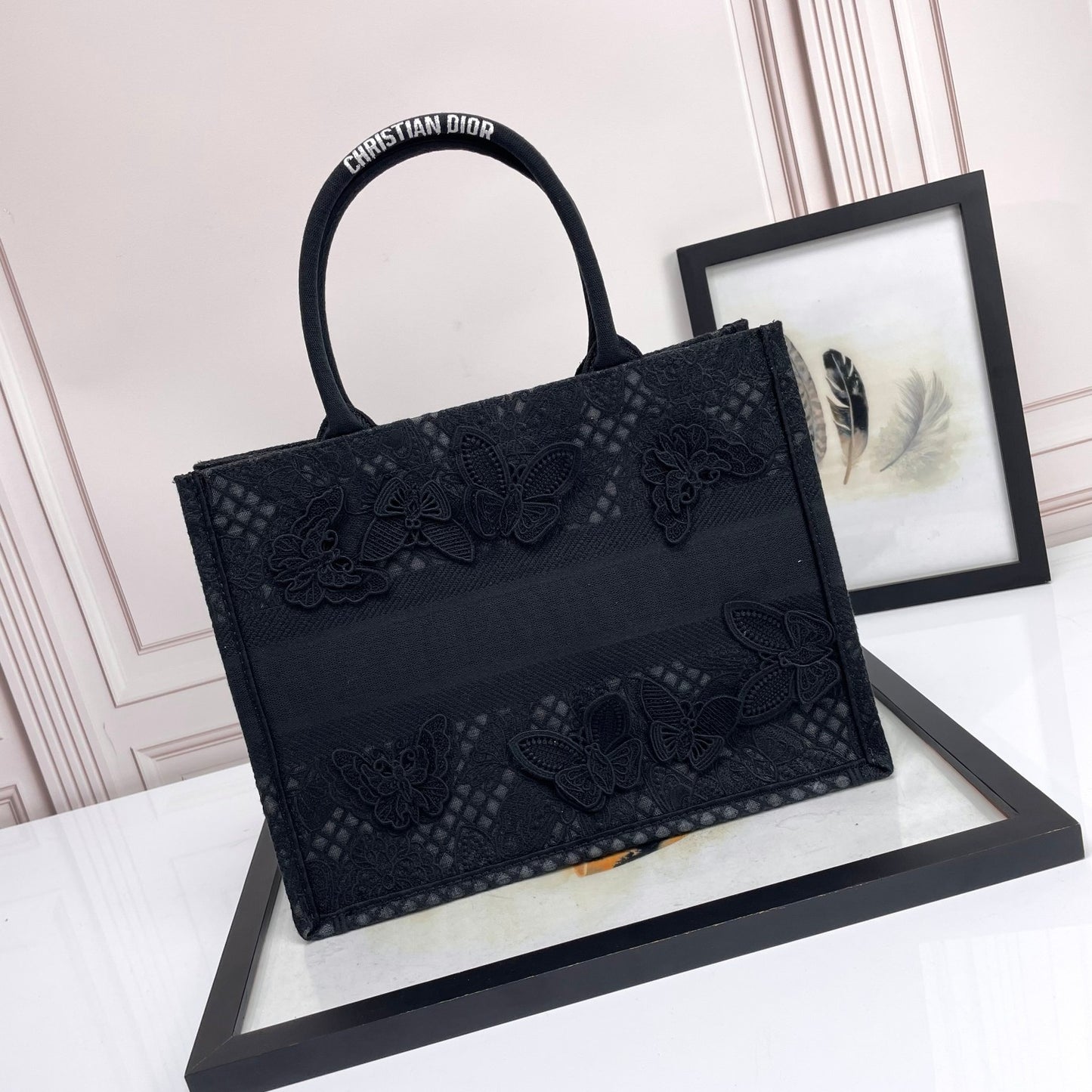 Dior Black Butterfly Embroidered Canvas Tote Bag with Top Handles
