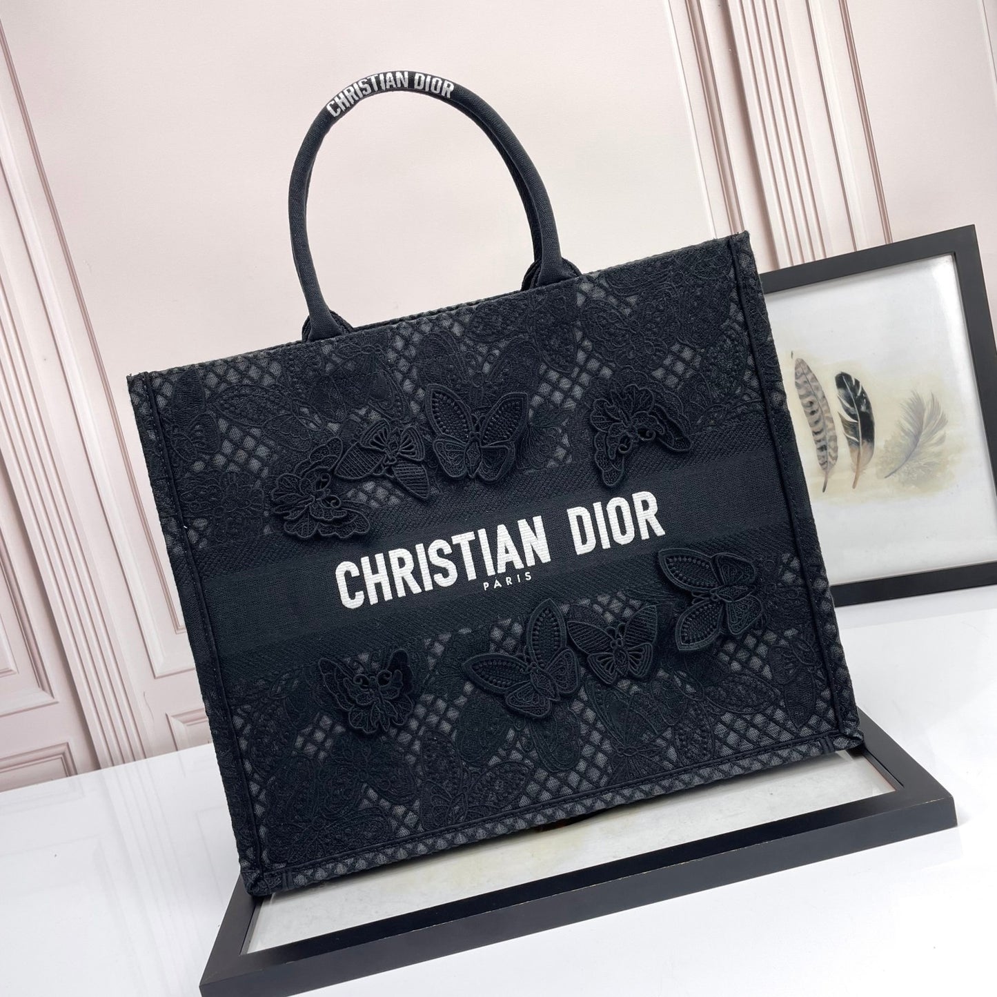 Dior Black Lace Butterfly Embroidered Canvas Tote Bag with Top Handles