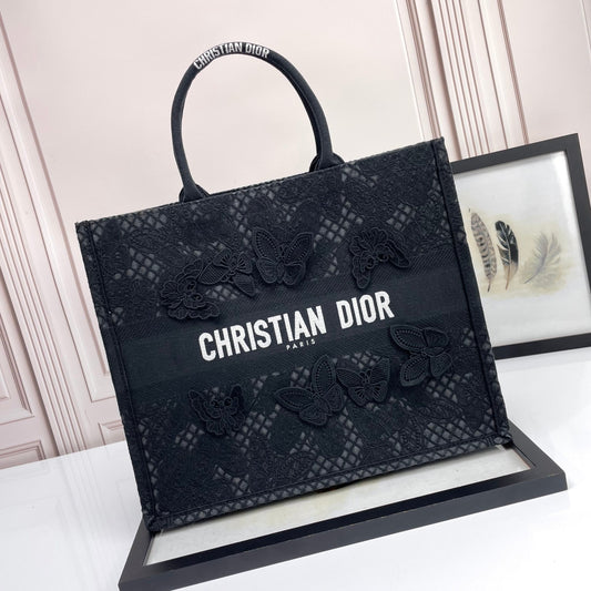 Dior Black Lace Butterfly Embroidered Canvas Tote Bag with Top Handles