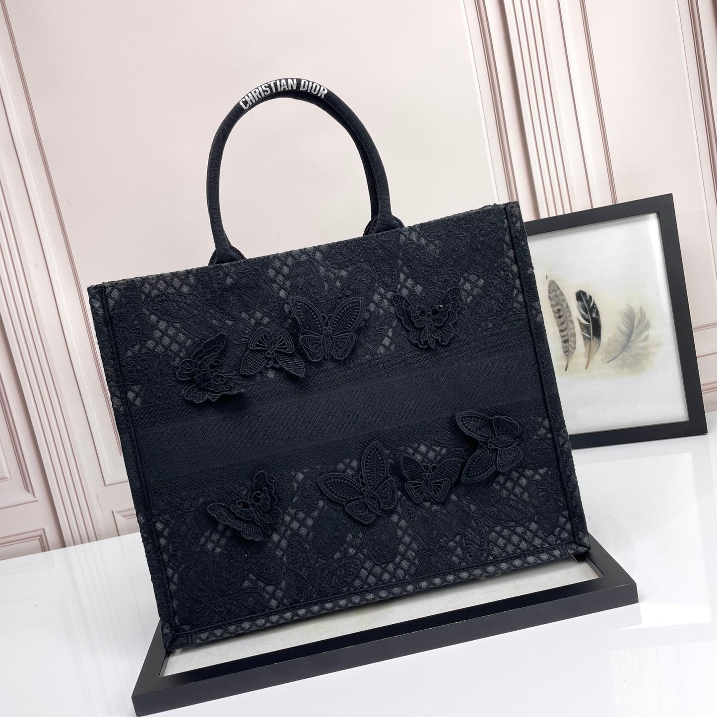Dior Elegant Black Canvas Tote Bag with Butterfly Lace Embroidery