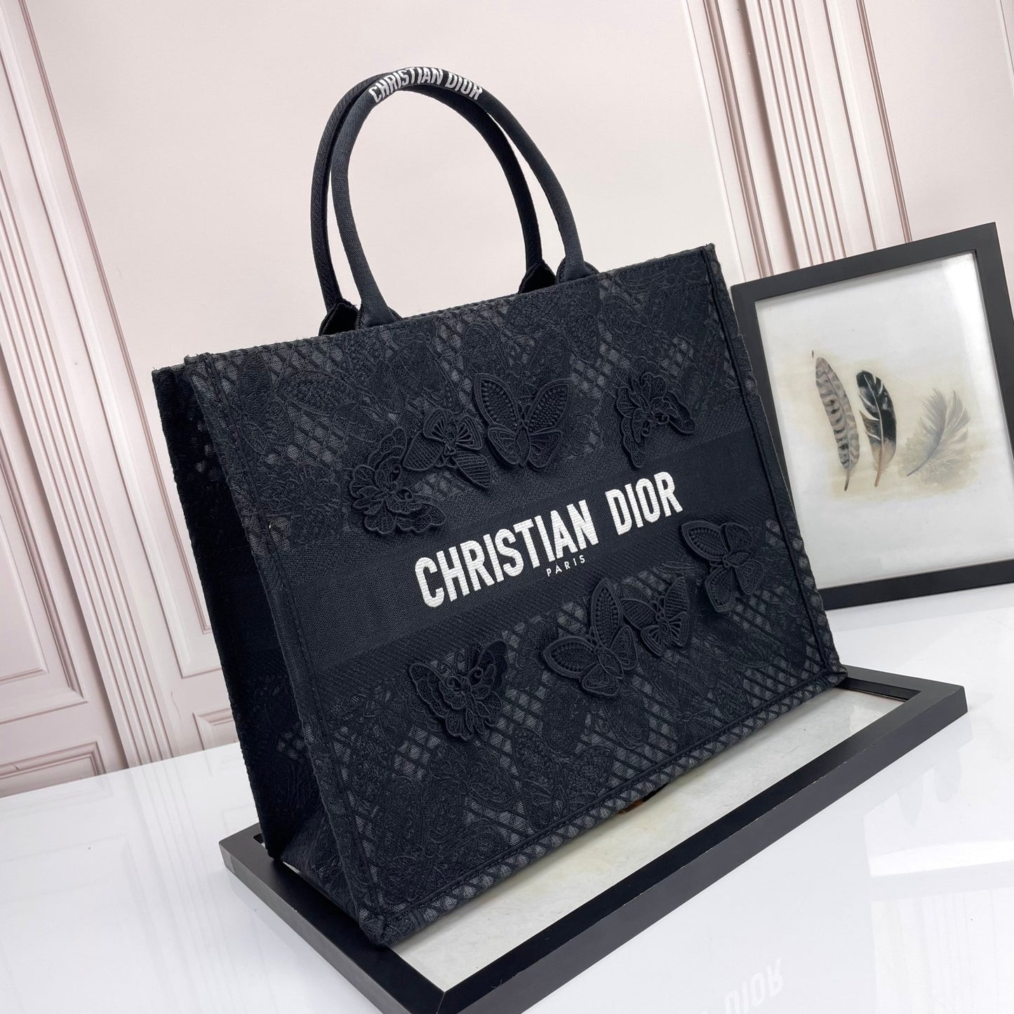 Dior Elegant Black Canvas Tote Bag with Butterfly Lace Embroidery