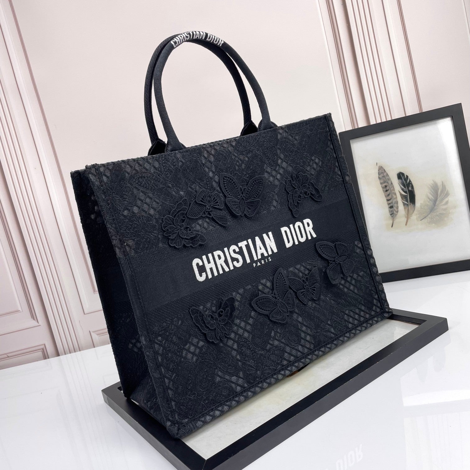 Dior Elegant Black Canvas Tote Bag with Butterfly Lace Embroidery