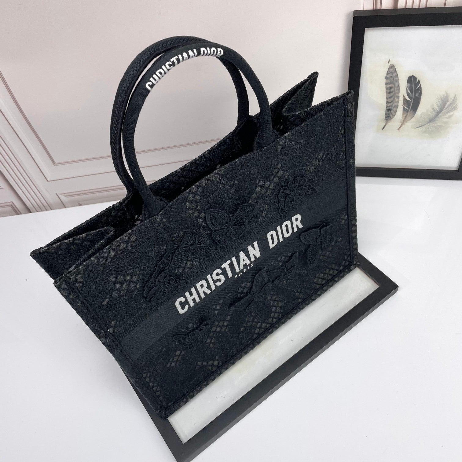 Dior Black Lace Butterfly Embroidered Canvas Tote Bag with Top Handles