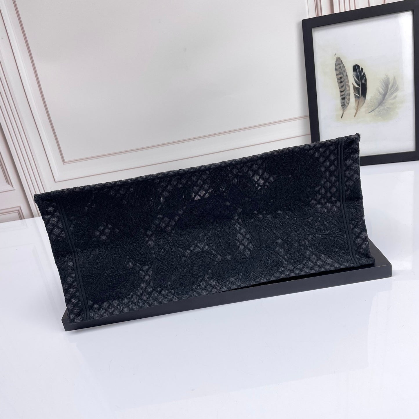Dior Black Lace Butterfly Embroidered Canvas Tote Bag with Top Handles