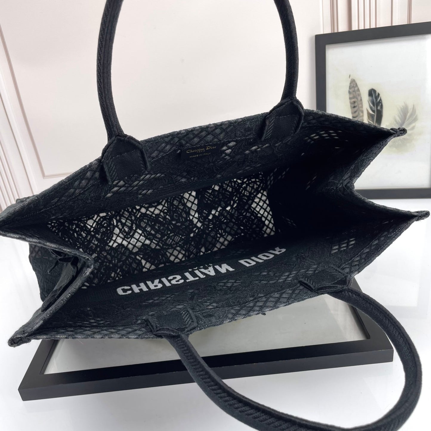 Dior Black Lace Butterfly Embroidered Canvas Tote Bag with Top Handles