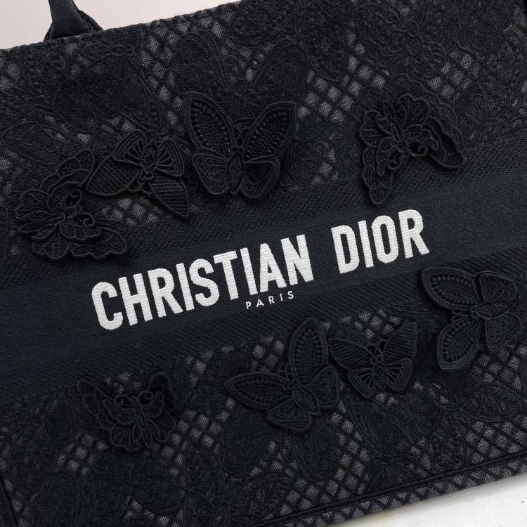 Dior Elegant Black Canvas Tote Bag with Butterfly Lace Embroidery