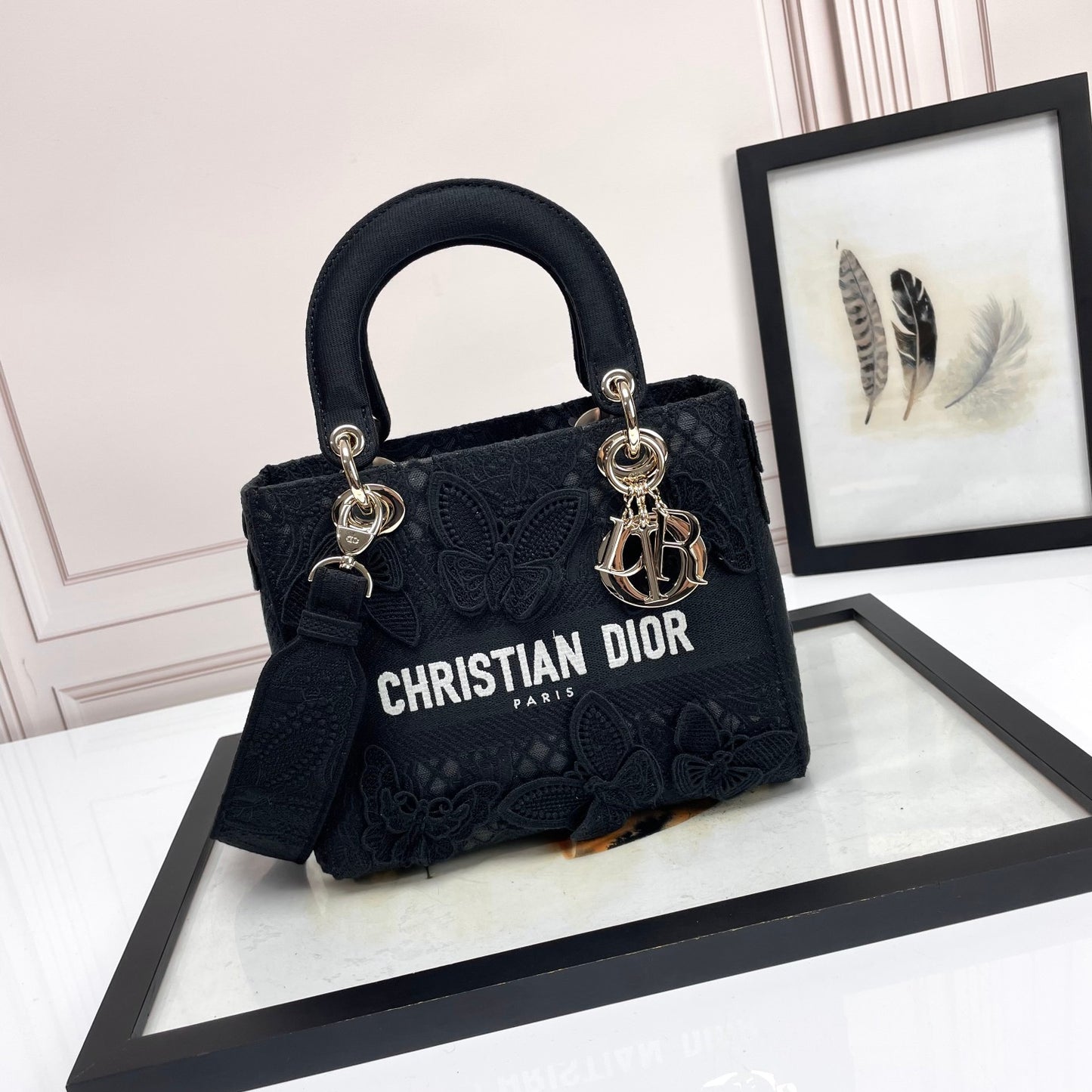 Dior Elegant Black Floral Butterfly Embroidered Top Handle Handbag