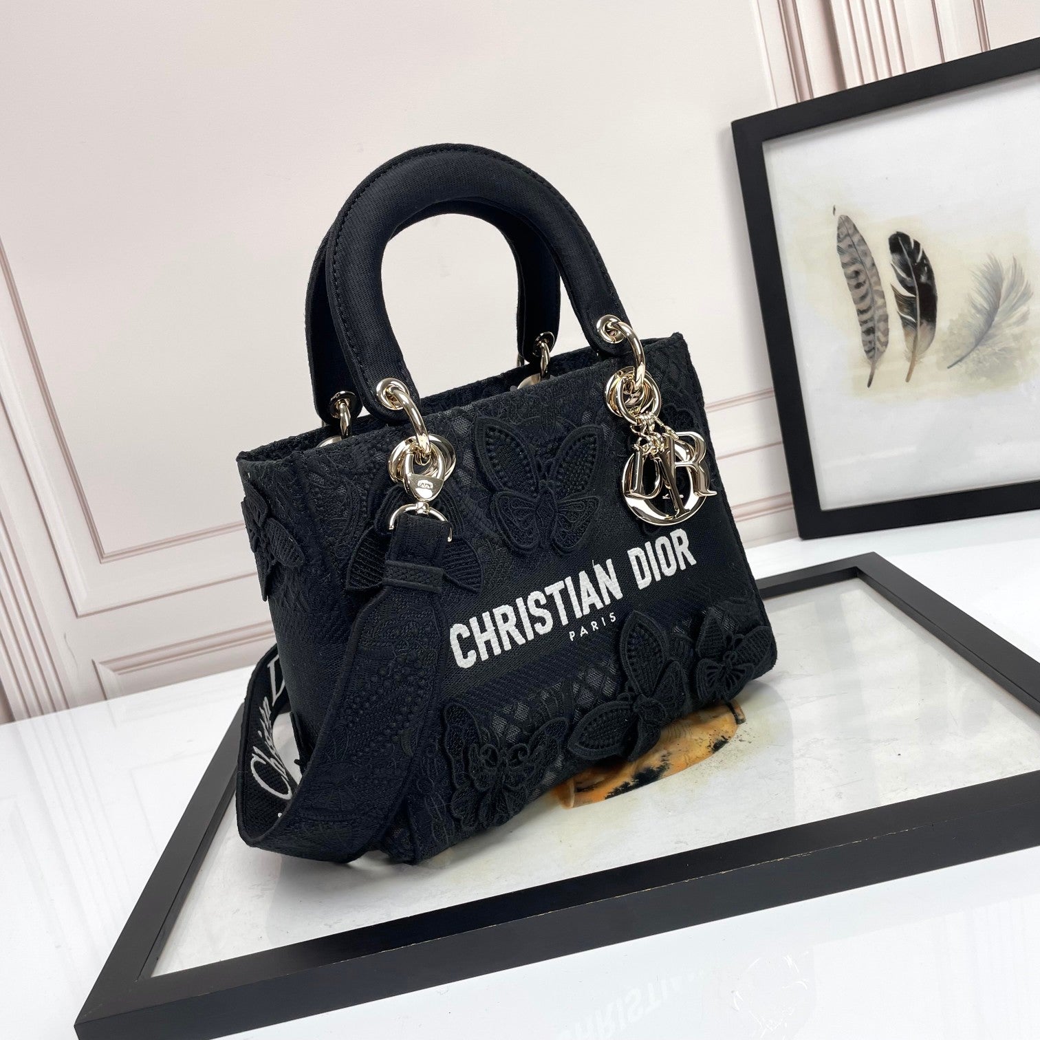 Christian Dior Lady D-Lite Bag - Black Embroidered Canvas Handbag