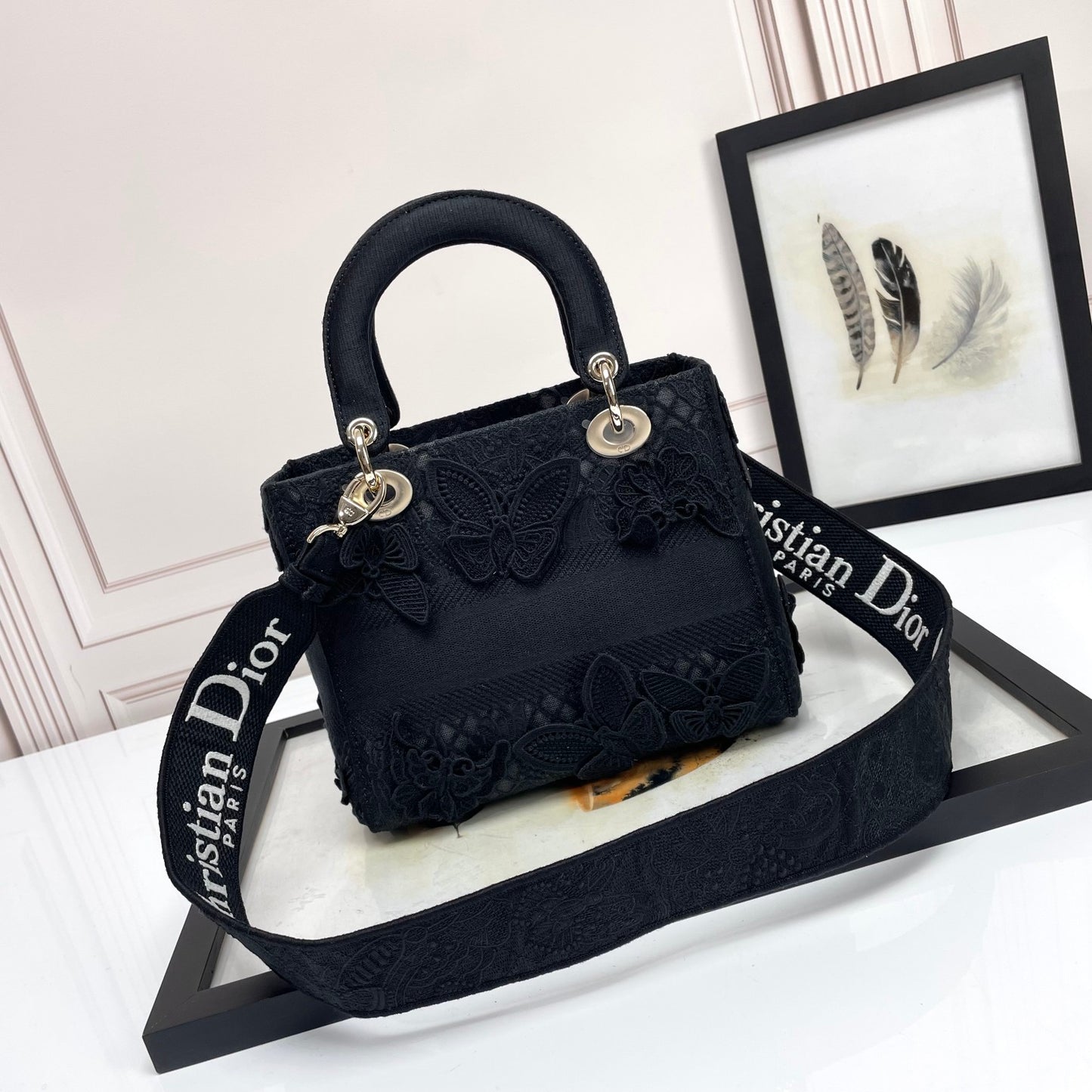 Christian Dior Lady D-Lite Medium Bag Black Embroidered Canvas