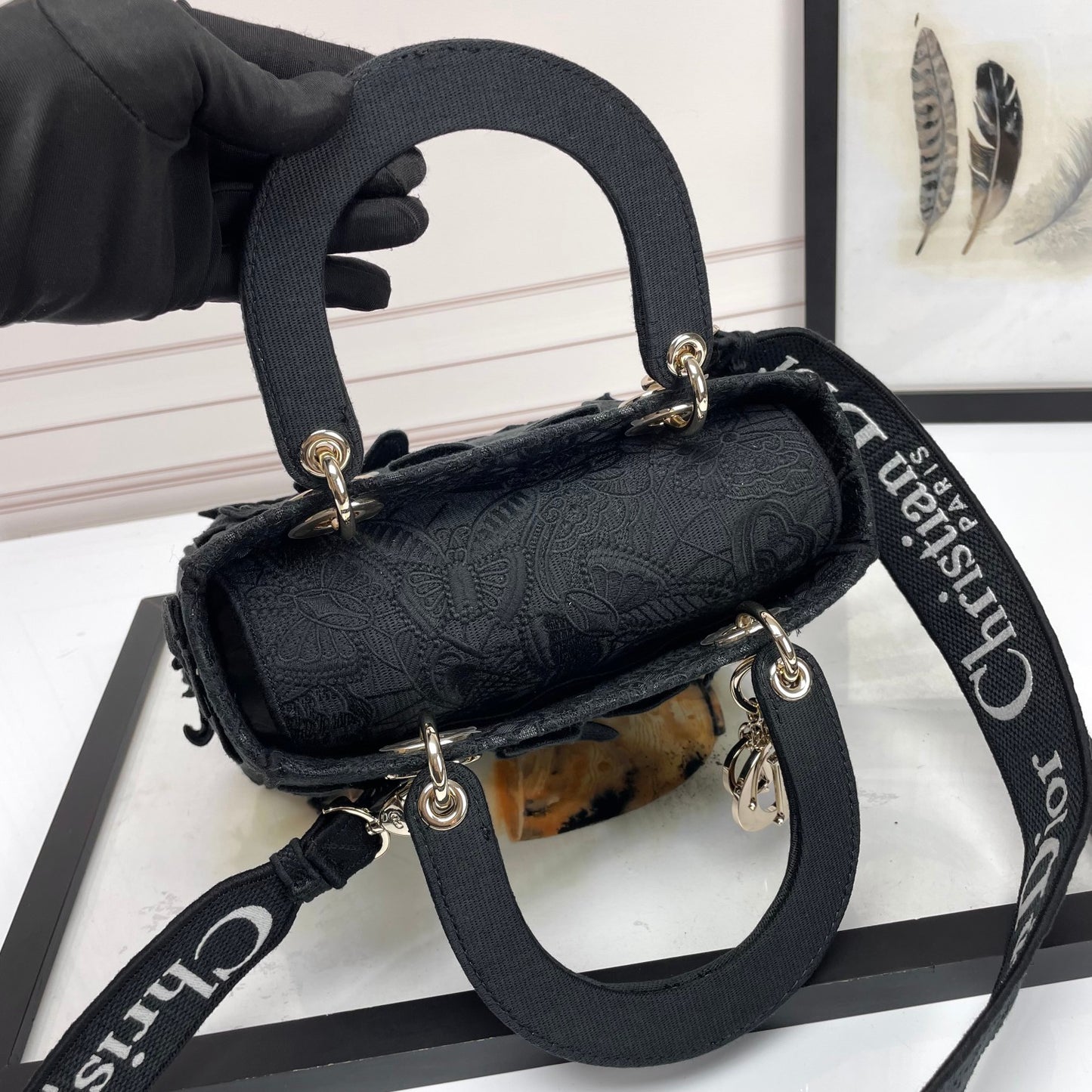 Christian Dior Black Lady D-Lite Embroidered Canvas Bag