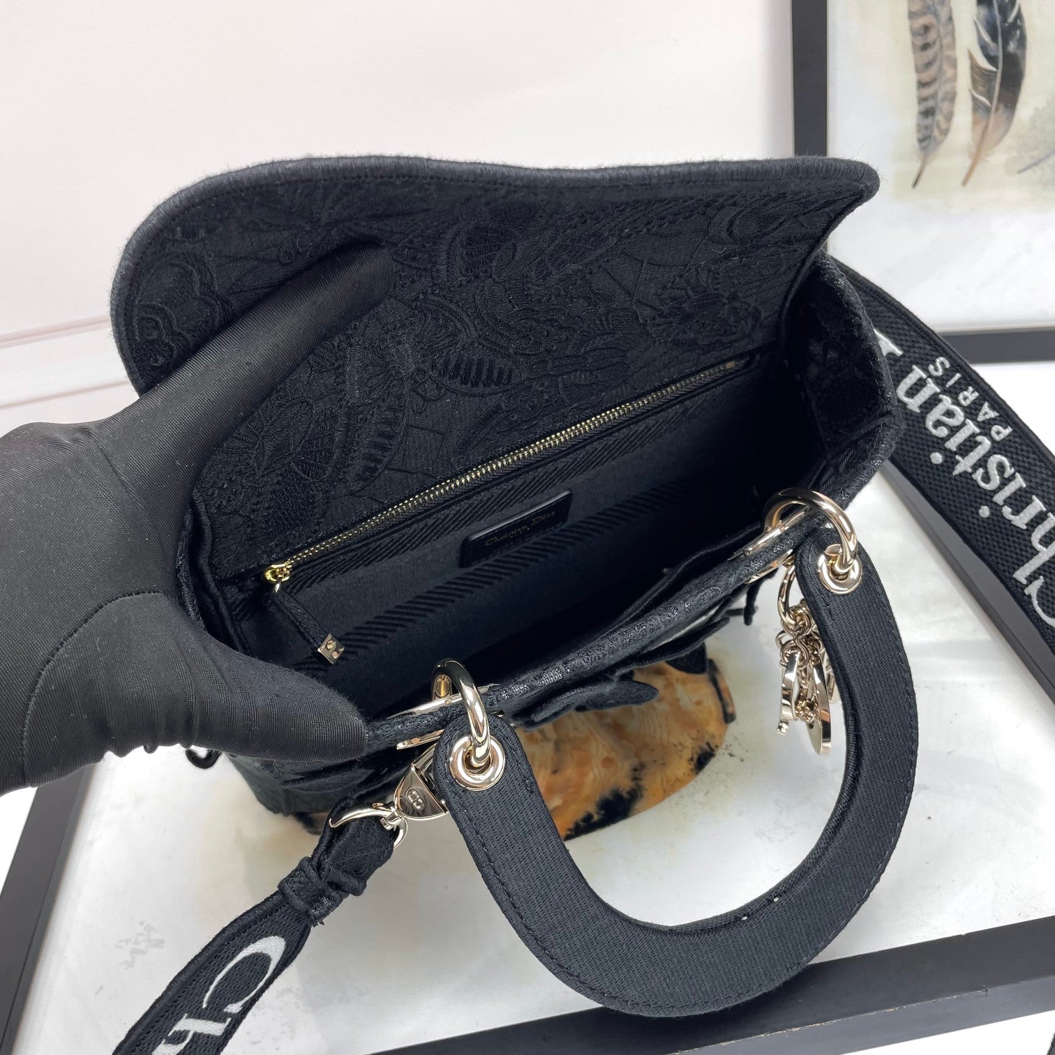 Dior Elegant Black Embroidered Canvas Handbag with Top Handle