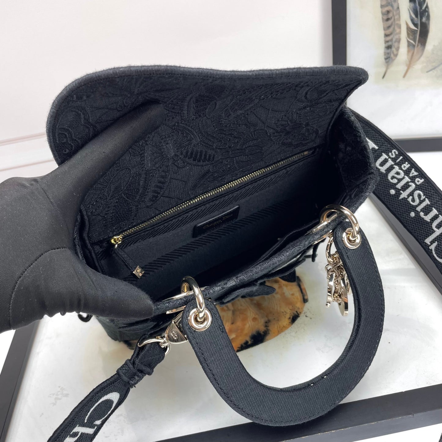 Dior Elegant Black Embroidered Floral Top Handle Handbag with Gold Charms