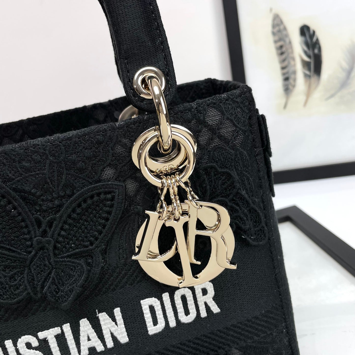 Christian Dior Black Lady D-Lite Embroidered Canvas Bag