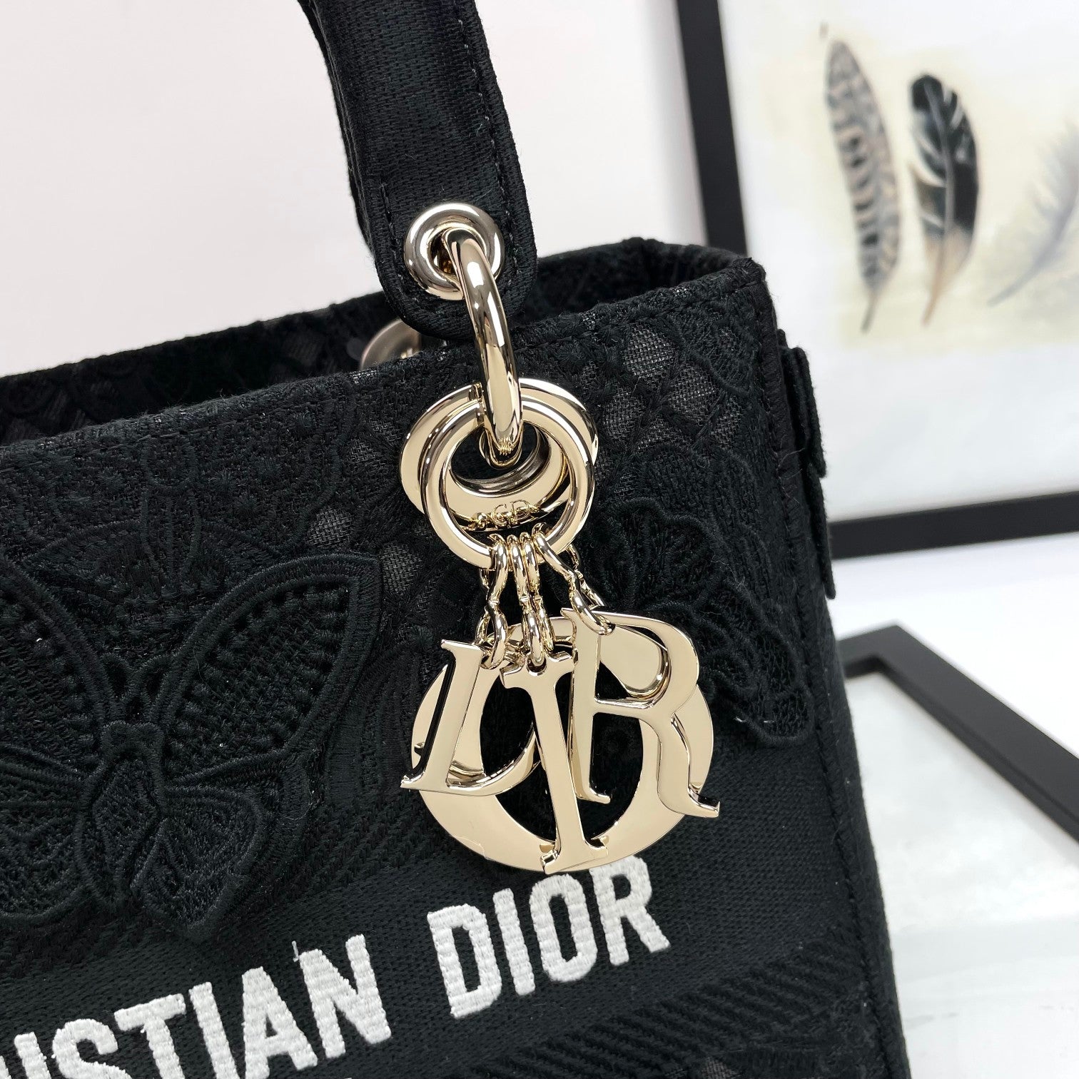 Christian Dior Black Lady D-Lite Embroidered Canvas Bag