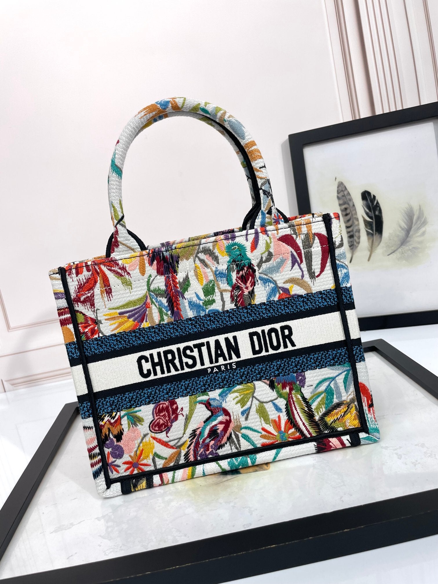 Dior Colorful Tropical Floral Canvas Tote Bag with Top Handles